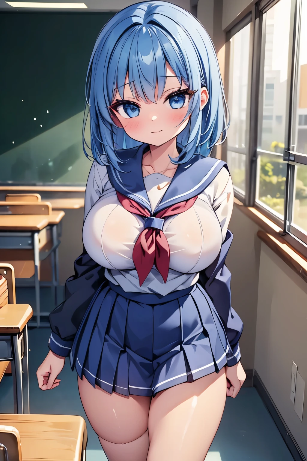 highest quality,wonderful,finely,extremely detailed CG unity 8k wallpaper,1 girl,priest(dq3),blue hair, big breasts,(school uniform:1.4),, highest quality,Super detailed,unity 8k wallpaper,game CG,