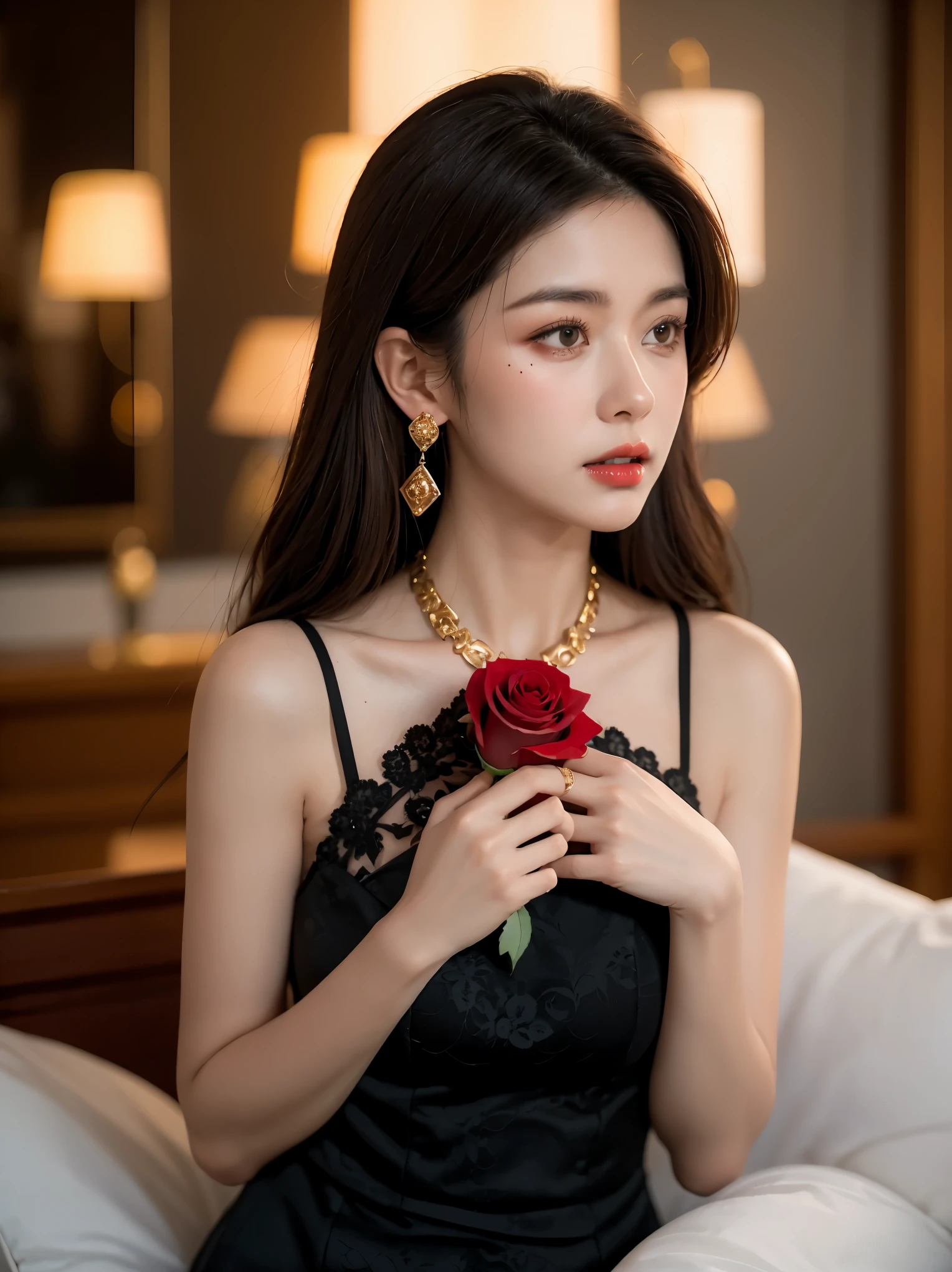 8K, original photo, Fujifilm, Styled photo of a beautiful 45 year old woman, square face, A red rose around the neck, Wearing a black lace dress with red, gold earrings, Features as powerful as a spinning dove, (highly refined skin: 1.2), medium brown hair with lights, film grain, 35mm, cute style