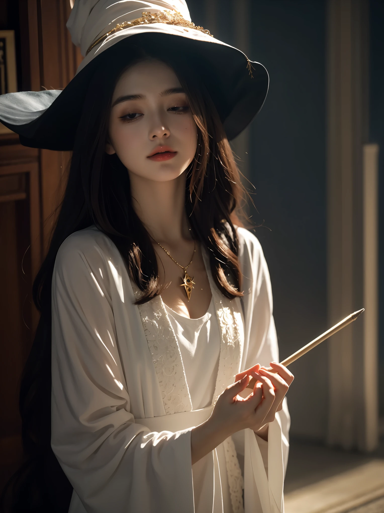 (1 girl:1.3),alone,__body parts__,, official art, unified 8k wallpaper, Super detailed, fair and aesthetic, fair, masterpiece, best quality,dreamy atmosphere, Calming Palette, peaceful mood, soft shadow,, Witch Priestess, charm spell, amulet familiar, The duties of a witch,