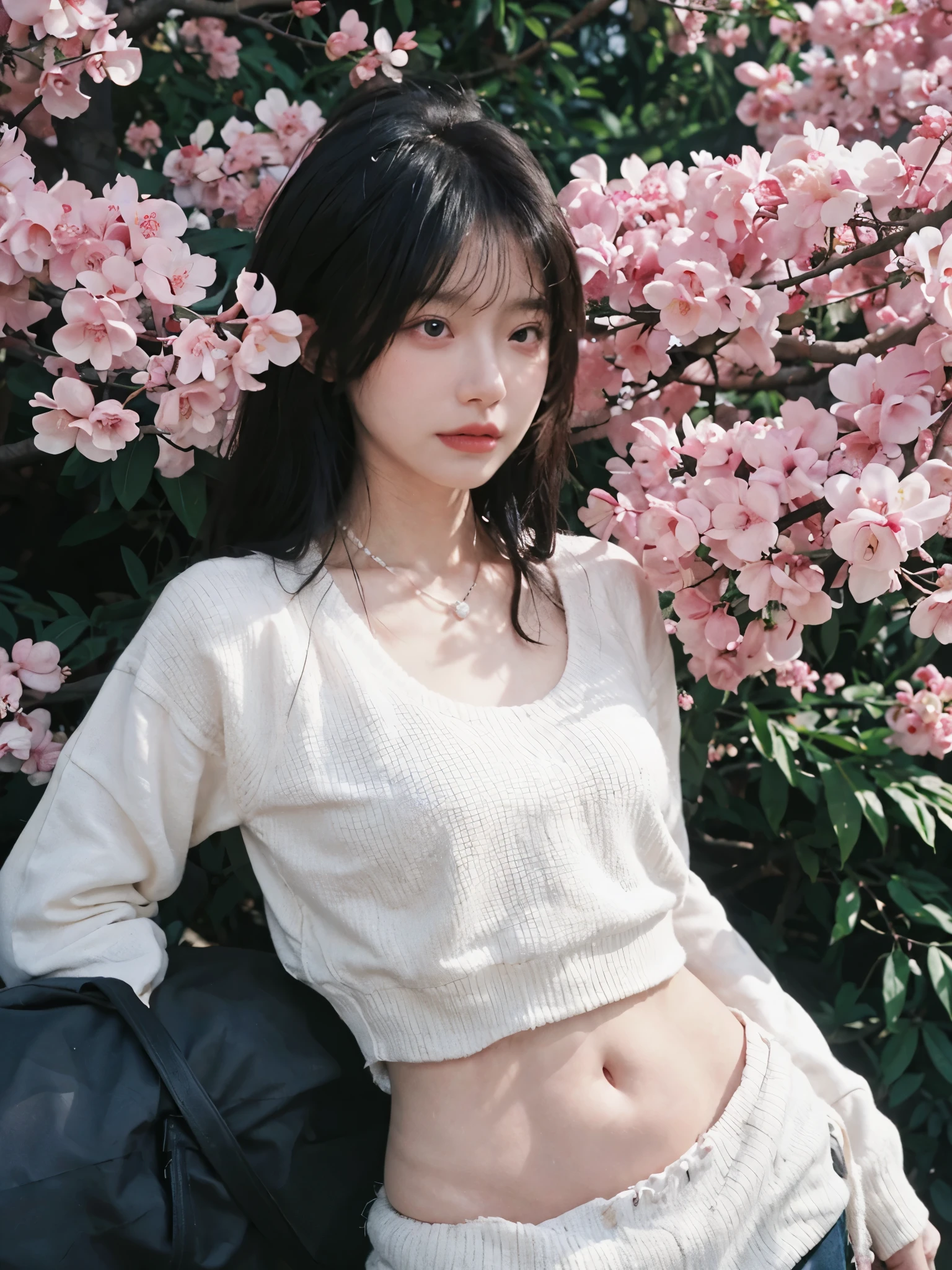 best quality， ultra high resolution， （realistically：1.4），Baoyu Girl，1 girl, long, straight hair，Looking into the distance，Under the cherry blossom tree，red short sweater，a sense of atmosphere，Beautiful woman with slim figure:1.4, abdominal muscles:1.1,,Super thin face，exquisite eyes，double eyelids，necklace