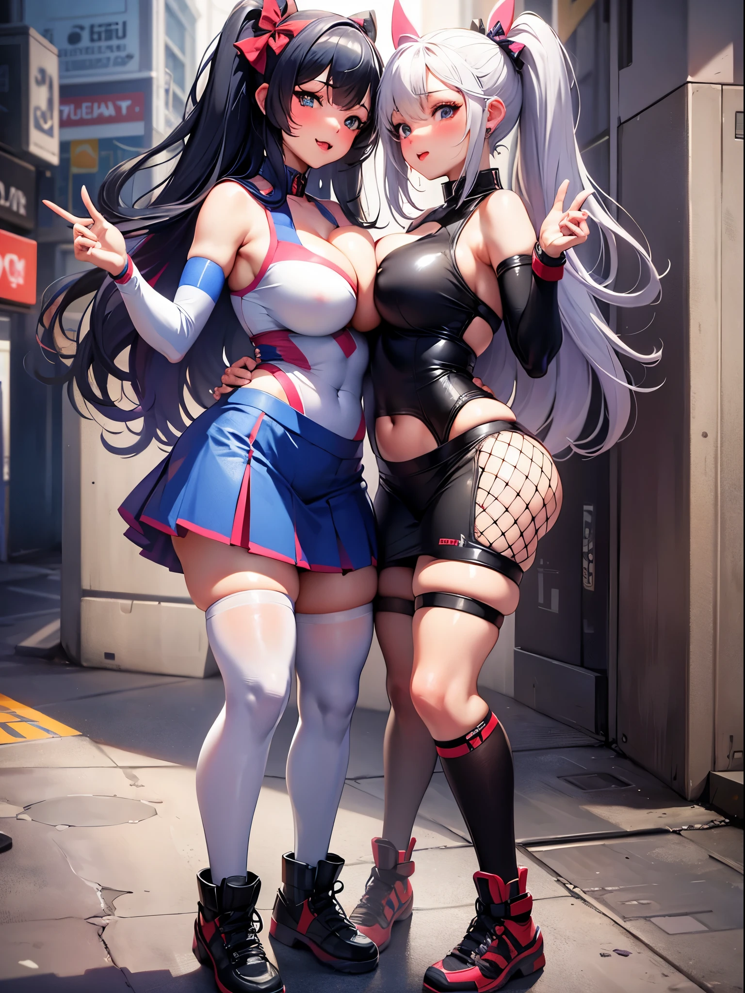 NSFW, hyper photorealistic, cuteness pop style, full body, super lewd 2girls, Yuri, cheerleader costume, super lascivious 2girls, huge breasts, kissing, super detailed