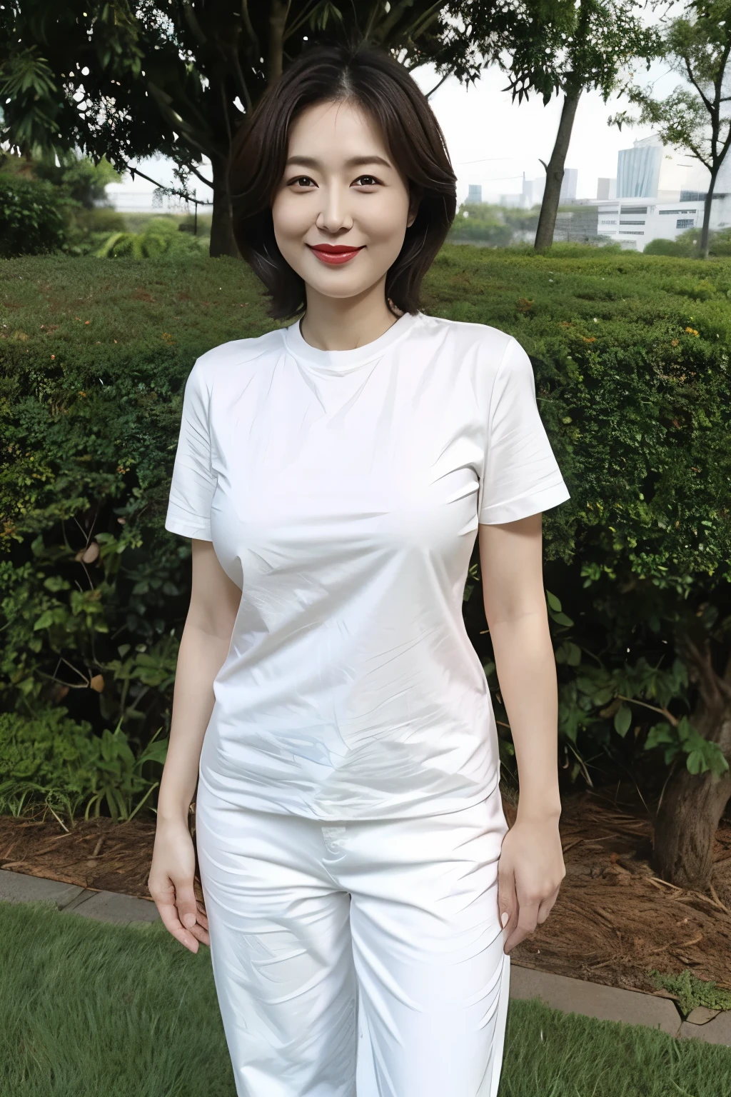 Draw lips correctly, red lipstick, from chest up, best quality, Super detailed, lifelike, Super fine skin, perfect anatomy, (1 日本Mature的女人), (alone)，Wear a green crew neck shirt， short sleeves，white jeans，，short hair，35 year old female，Mature，charming smile，outdoor background，stand，Leg length，Chubby body，Big breasts，stand up，full-body shot