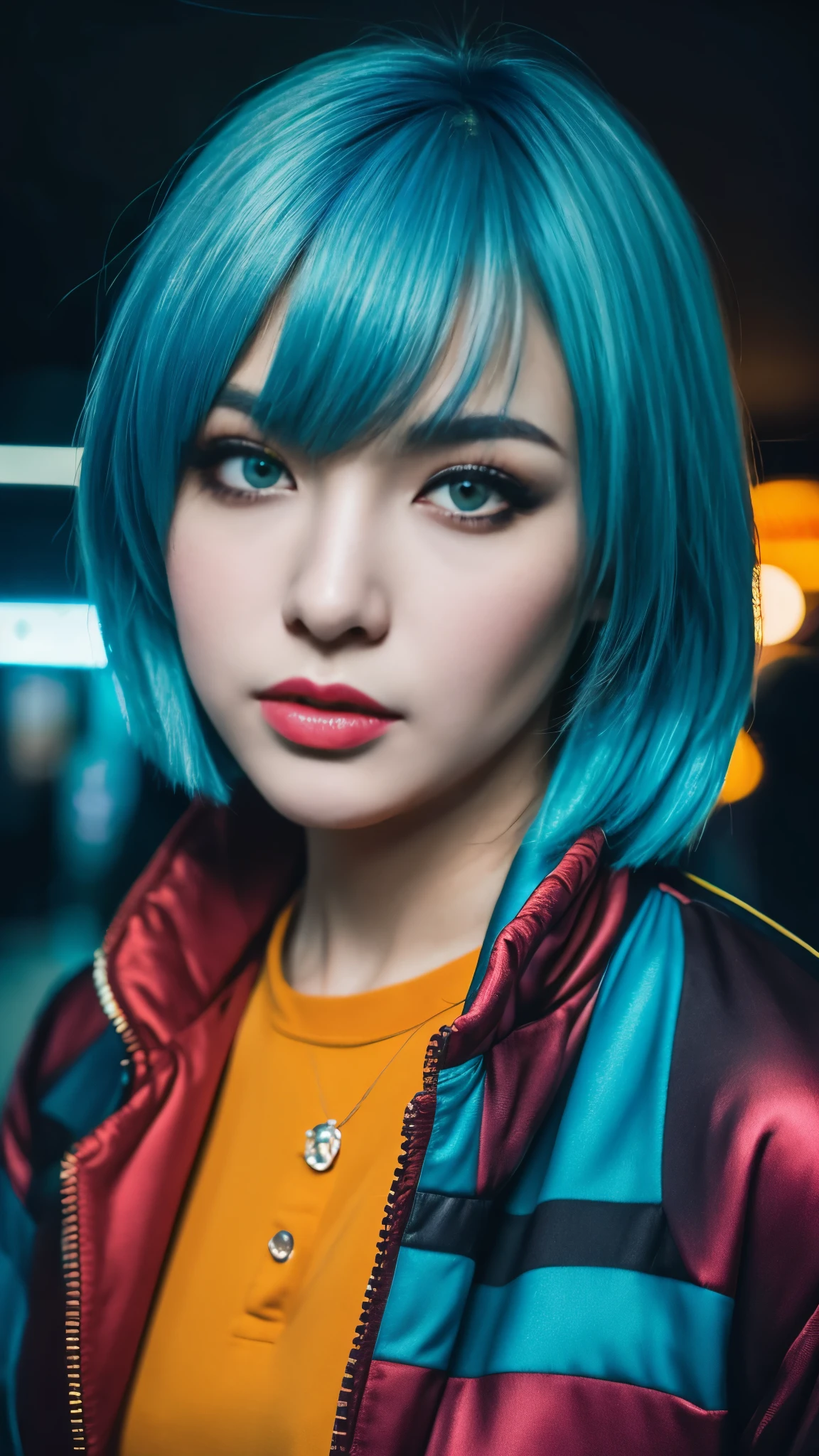 (masterpiece,be familiar with,High resolution:1.4) , model shot, close, be familiar with face, fine be familiar with eyes,, (kirishima touka),blue middle hair,ghoul eyes,retro jacket,tokyo ghoul,retro futurism background, Bright colors, HDR,, ,