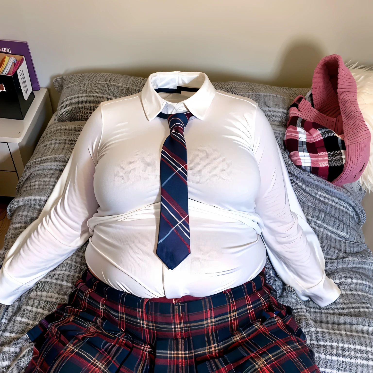 school clothes lying on bed, sweater, stripe tie, plaid skirt, chubby, fat, (invisible, no humans, headless, faceless:1.5), cute big breasts