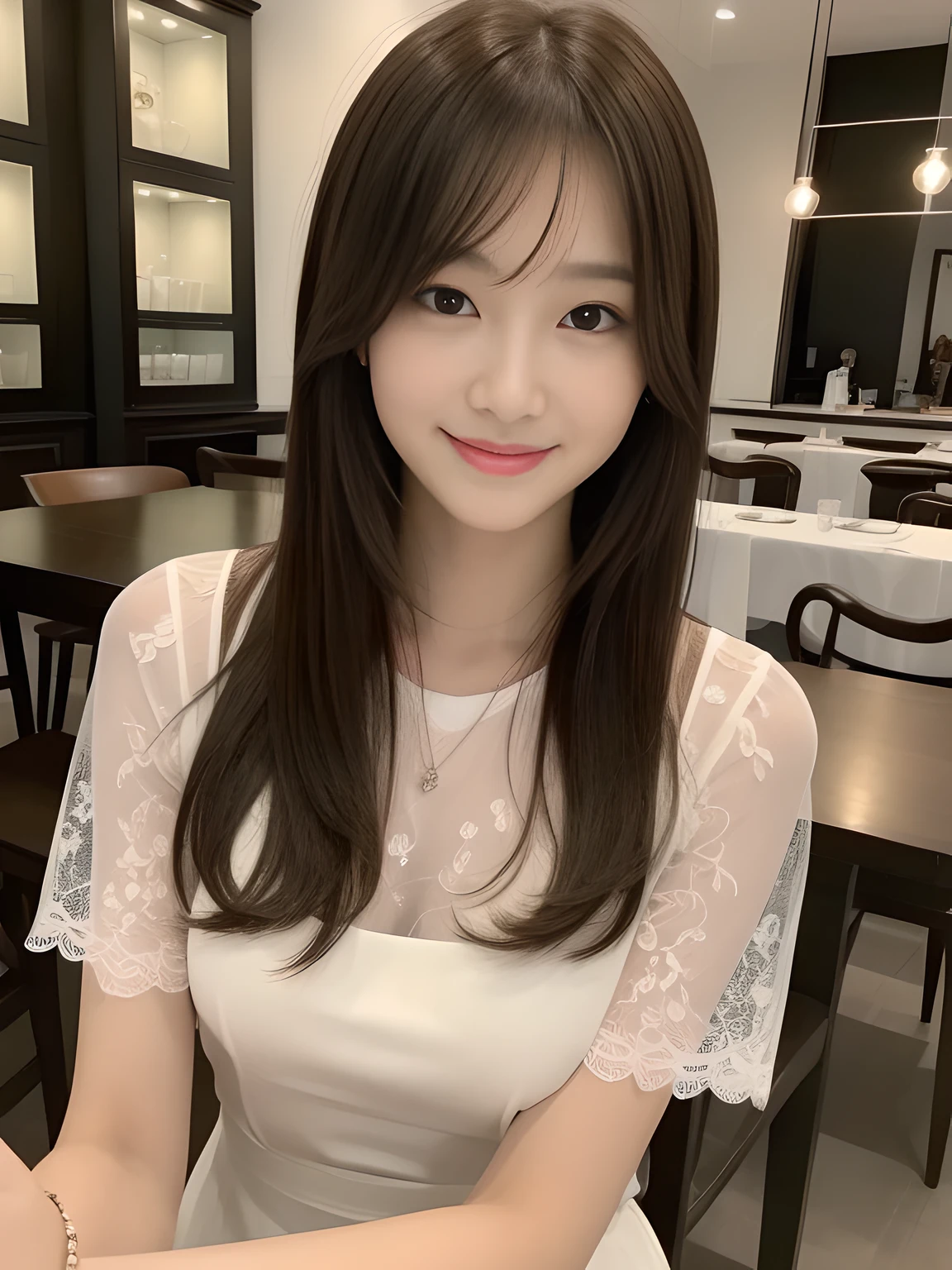 ((best quality, 8K, masterpiece: 1.3)), japanese beautiful girl, pure, melon face, kind and cute, sweet smile, pure desire, slender body, (front), (tilted head), ((looking at camera) ), wearing a lace dress,silky hair, round black big eyes, clear big eyes, moist red lips, sweet, sitting in a cafes, Upscale European cafes background , whole body,