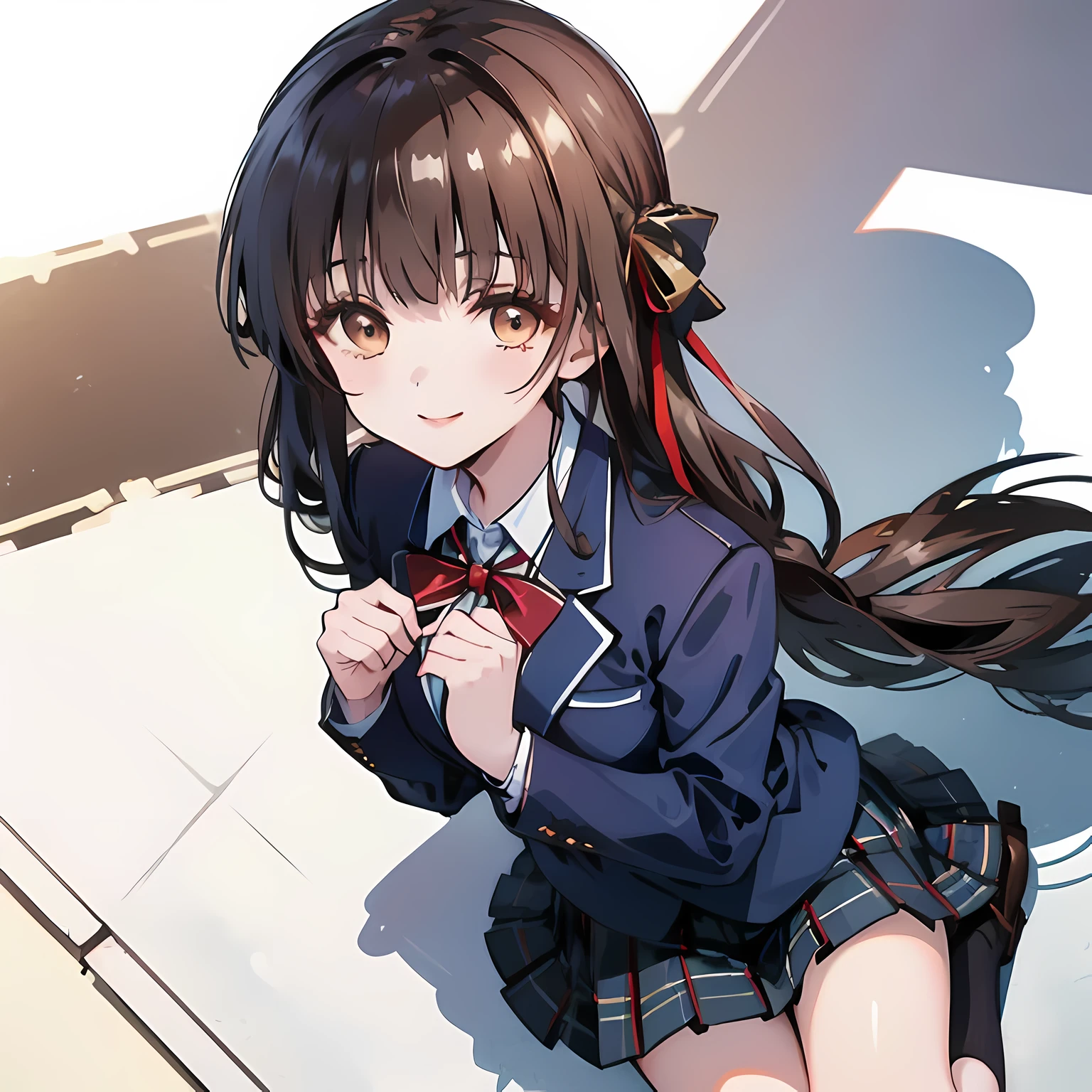 highest quality, (masterpiece:1.2), High resolution, perfect pixel, One so beautiful woman is standing, 16 years old, (((big very detailed beautiful dark brown eyes))), ((girly large wine-red glossy polyester Japanese school ribbon bow tie)), ((((very beautiful straight long hair)))), ((((dark blue & deep navy colored tartan checkered formal skirt)))), ((A formal dark blue blazer that is slightly larger and has a gold emblem on the left chest that feels like the texture of the cloth.)), ((Looking up at the viewer and smiling)), Very fun, Very happy, mouth is open, the skirt is so cute, detailed fingers, modest chest, curled bangs, ((Lip balm)), so beautiful, long eyelashes, ((Skirt and bow tie is photo realistic)), ((Touch your hair with your hands、Showing viewers the beauty of straight hair)), ((very big girly hair ribbons)), ((Impressive and very beautiful eyes)), (((shot from above))), double eyelids, The entire skirt is photographed, ((((upward glance))))