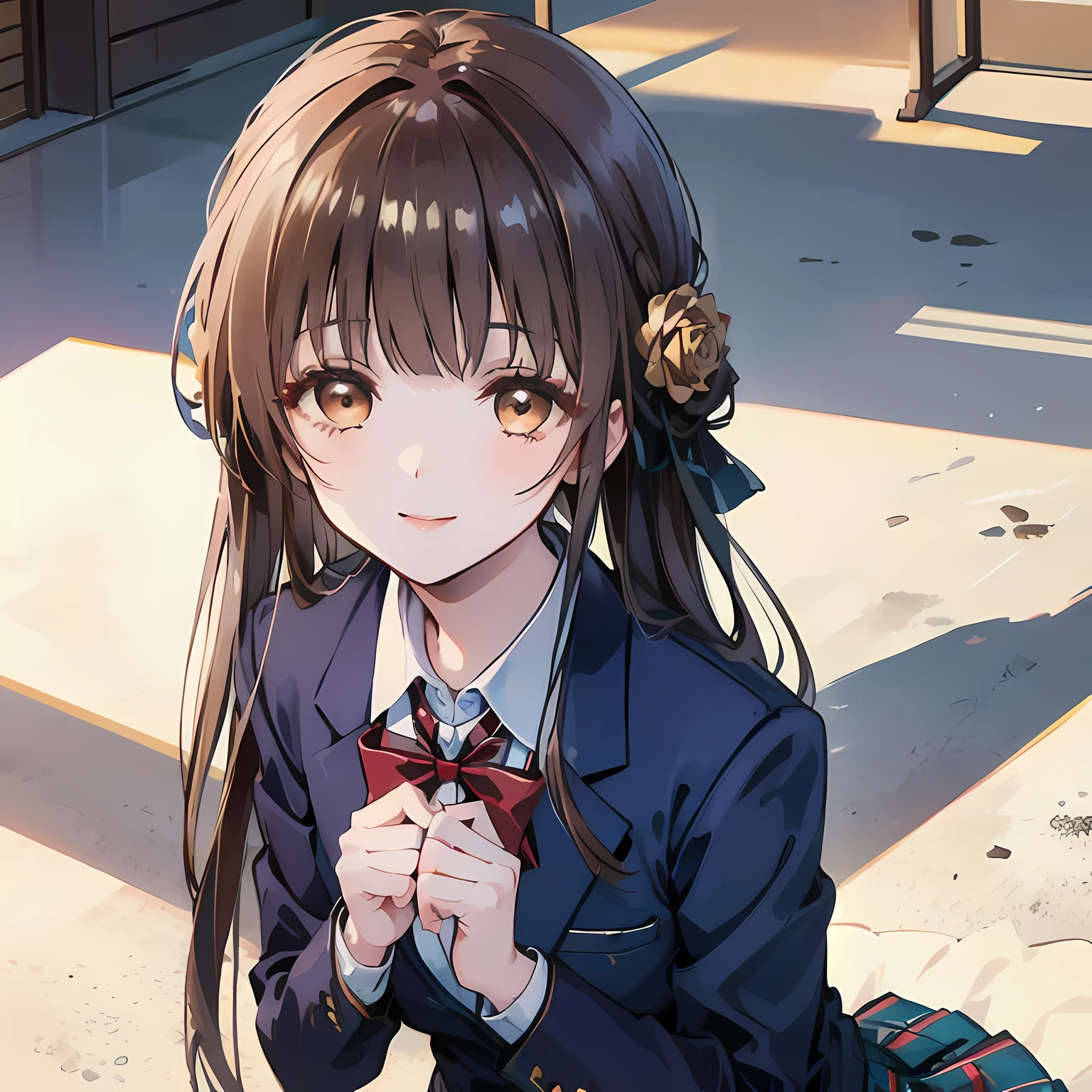highest quality, (masterpiece:1.2), High resolution, perfect pixel, One so beautiful woman is standing, , (((big very detailed beautiful dark brown eyes))), ((girly large wine-red glossy polyester Japanese school ribbon bow tie)), ((((very beautiful straight long hair)))), ((((dark blue & deep navy colored tartan checkered formal skirt)))), ((A formal dark blue blazer that is slightly larger and has a gold emblem on the left chest that feels like the texture of the cloth.)), ((Looking up at the viewer and smiling)), Very fun, Very happy, mouth is open, the skirt is so cute, detailed fingers, modest chest, curled bangs, ((Lip balm)), so beautiful, long eyelashes, ((Skirt and bow tie is photo realistic)), ((Touch your hair with your hands、Showing viewers the beauty of straight hair)), ((very big girly hair ribbons)), ((Impressive and very beautiful eyes)), (((shot from above))), double eyelids, The entire skirt is photographed, ((((upward glance))))