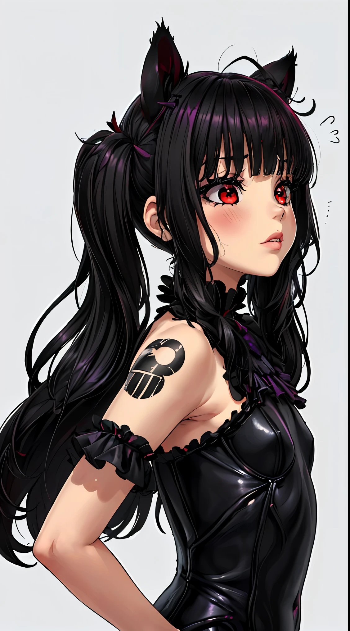 (una chica ,((long hair slightly wavy slightly past the shoulders, black bangs, small black pigtails on the sides, cute cat ears, beautiful thin red eyes)),),(hermosos ojos detallados,hermosos labios detallados,ojos y rostro extremadamente detallados,long eyelashes),(medio: manga),(in a gloomy psychiatric hospital),(ventanas enrejadas, papel pintado que se desvanece, luces parpadeantes),(Mejor calidad,ultra detallado),(dark and creepy atmosphere),(emocionalmente inestable, tormented expression),(Usar una bata blanca para pacientes),(rodeado de otros enfermos mentales),(obsesionante, perturbador),(Sombras siniestras),(manchas de sangre en el suelo),(a feeling of desperation and hopelessness),(Sonido de pasos resonantes),(Reflejo del miedo y la locura),(Realidad surrealista y retorcida),(psychological horror),(Colores muy saturados con un fondo desaturado),(Intense lighting that creates stark contrasts and deep shadows)