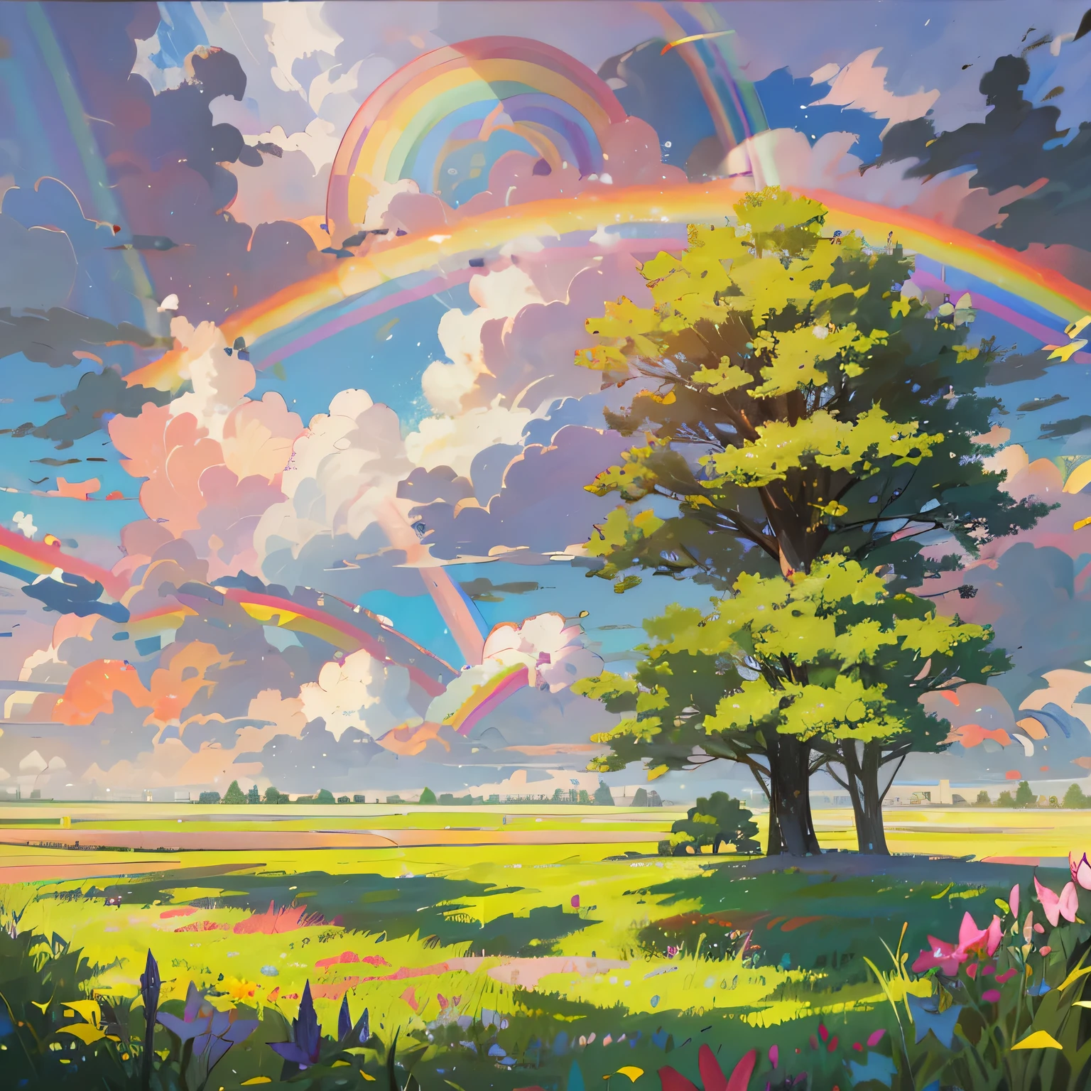There is a rainbow in the sky、sunny、Grasslands spread