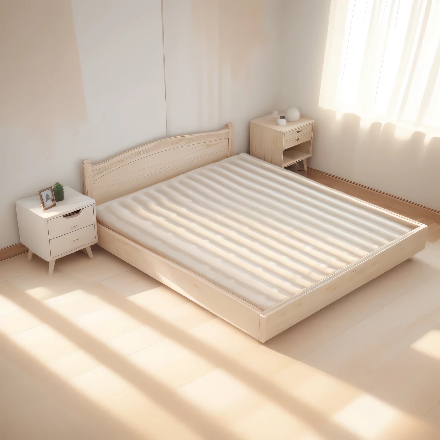 Interior scene, beds, 床 on the right, large comfy 床, Warmth,Hanging paintings,carpet,Flat Gray, white 床, unmade bed, 床 is not made, wood, With smooth lines and strong, Full length view. White plastic, 床 room, Amazing high technology, Fresh, modern look,