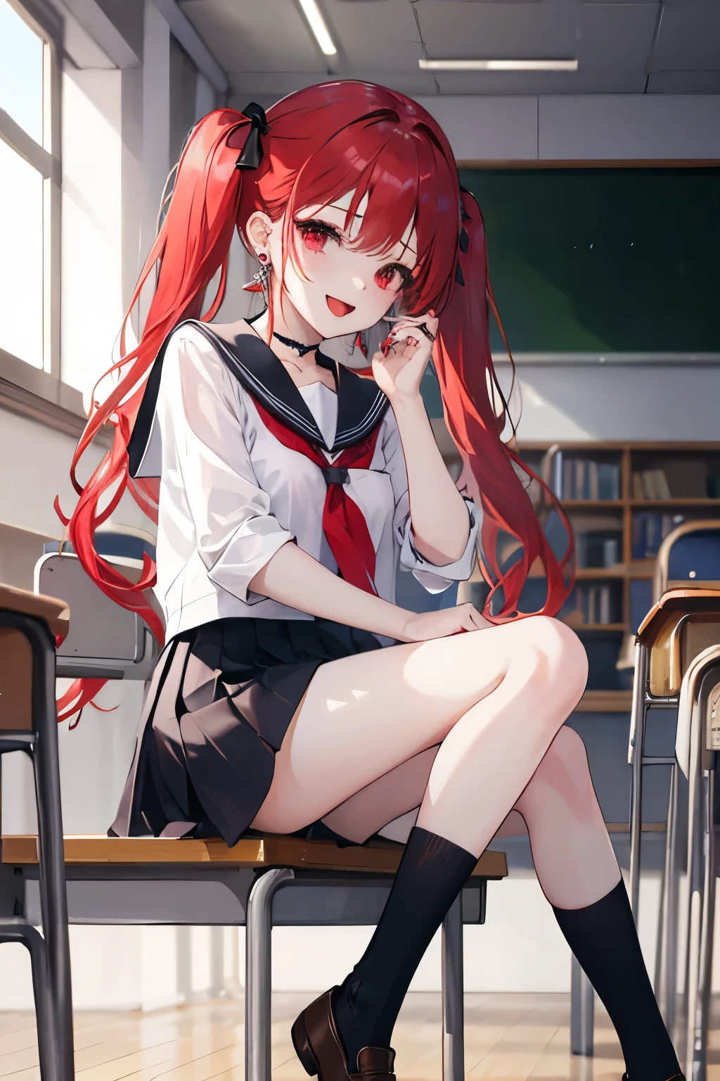 Two girls、GL、kiss、classroom、
highest quality, red eyes, twin tails, School Black Skirt,red hair、thin legs、
skirt、earrings、Earrings、stud earrings、
black choker、loose tie、socks、long nails、open your mouth、laughter、cleavage、
look up_Al_viewer、highest quality、
Rich details、perfect image quality、