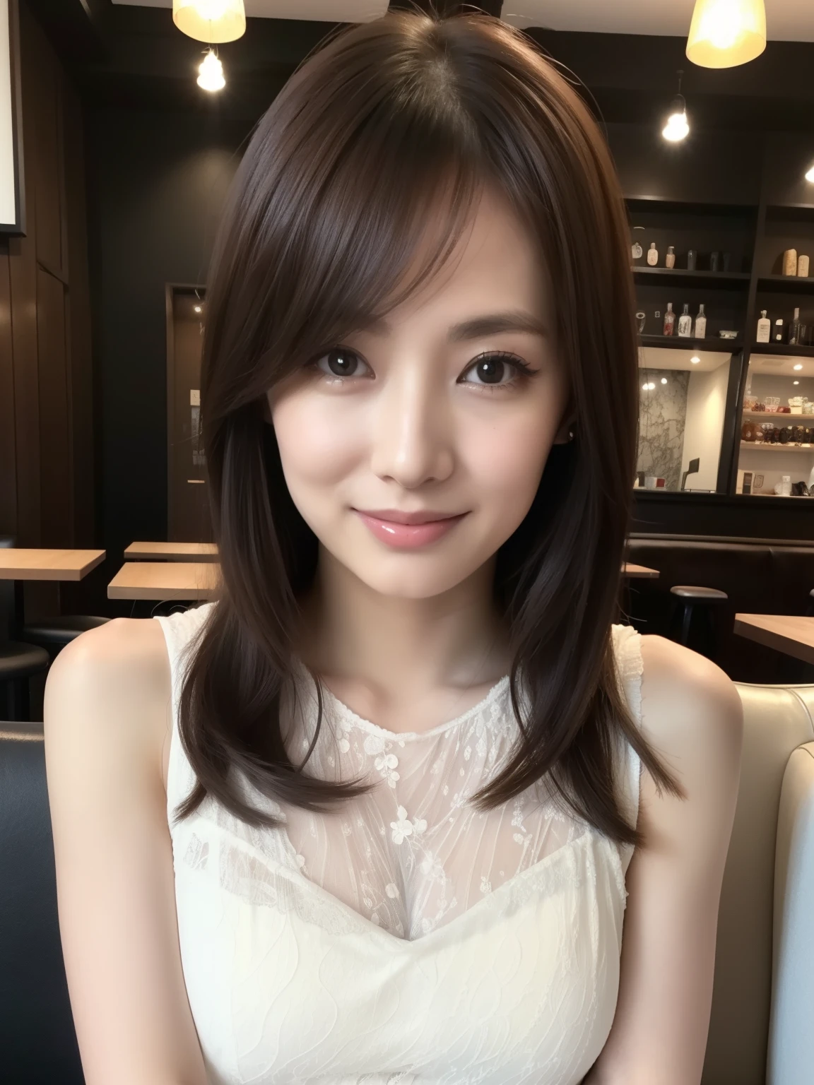 ((best quality, 8K, masterpiece: 1.3)), japanese beautiful girl, pure, melon face, kind and cute, sweet smile, pure desire, slender body, (front), (tilted head), ((looking at camera) ), wearing a lace dress,silky hair, round black big eyes, clear big eyes, moist red lips, sweet, sitting in a cafes, Upscale European cafes background , whole body,
