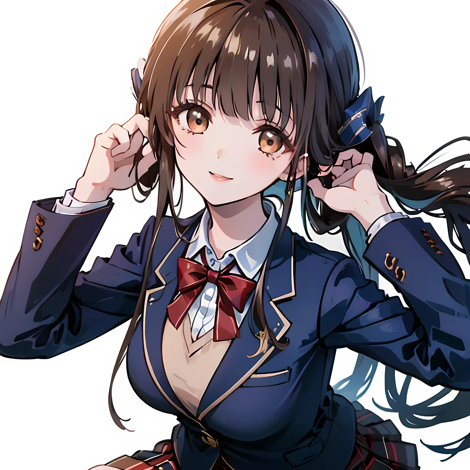 highest quality, (masterpiece:1.2), High resolution, perfect pixel, One so beautiful woman is standing, , (((big very detailed beautiful dark brown eyes))), ((girly large wine-red glossy polyester Japanese school ribbon bow tie)), ((((very beautiful straight long hair)))), ((((dark blue & deep navy colored tartan checkered formal skirt)))), ((A formal dark blue blazer that is slightly larger and has a gold emblem on the left chest that feels like the texture of the cloth.)), ((Looking up at the viewer and smiling)), Very fun, Very happy, mouth is open, the skirt is so cute, detailed fingers, modest chest, curled bangs, ((Lip balm)), so beautiful, long eyelashes, ((Skirt and bow tie is photo realistic)), (((Touching your hair with your hands))), ((Showing viewers the beauty of straight hair)), ((very big girly hair ribbons)), ((Impressive and very beautiful eyes)), (((shot from above))), double eyelids, The entire skirt is photographed, ((((upward glance))))