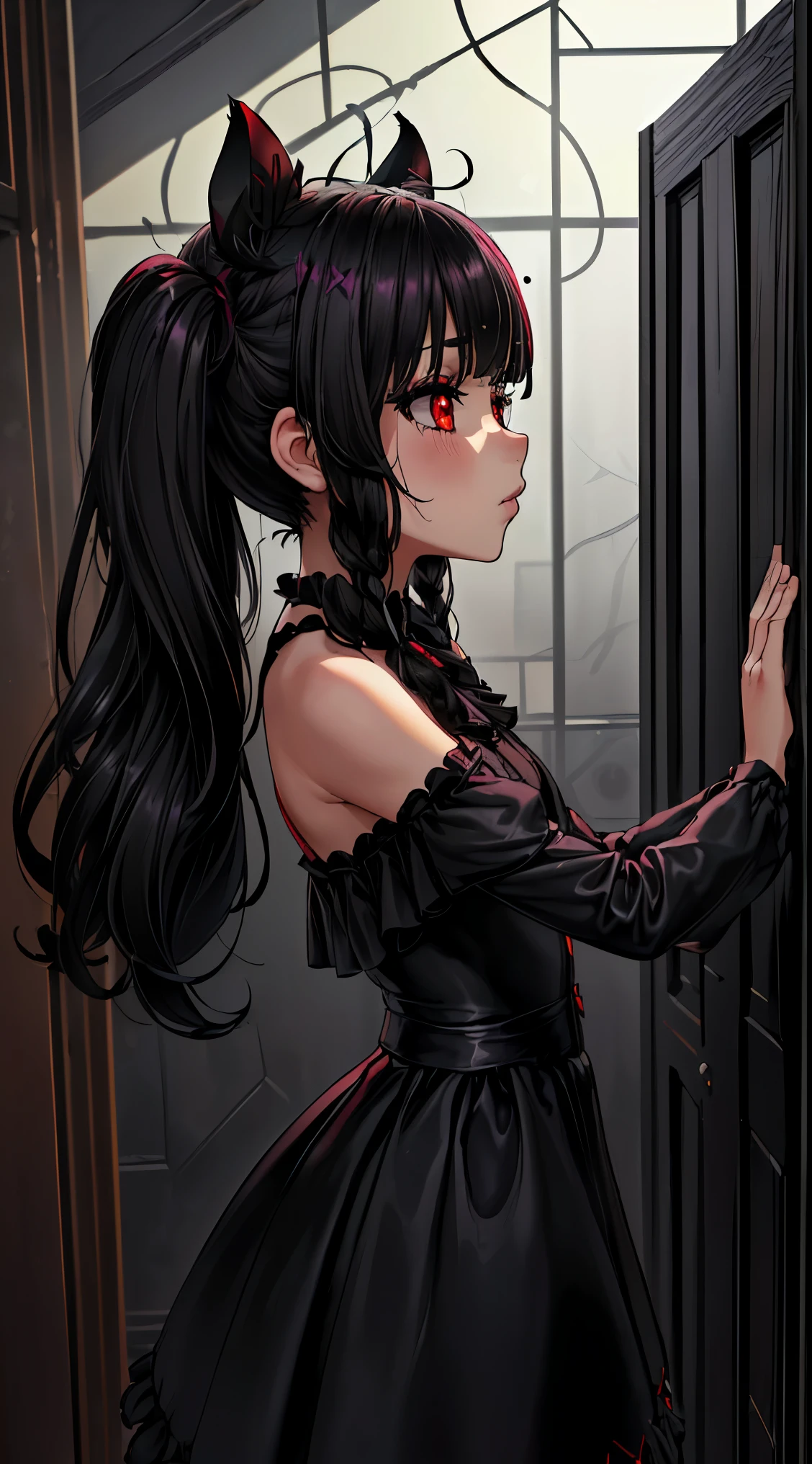 (una chica ,((long hair slightly wavy slightly past the shoulders, black bangs, small black pigtails on the sides, cute cat ears, beautiful thin red eyes)),),(hermosos ojos detallados,hermosos labios detallados,ojos y rostro extremadamente detallados,long eyelashes),(medio: manga),(in a gloomy psychiatric hospital),(ventanas enrejadas, papel pintado que se desvanece, luces parpadeantes),(Mejor calidad,ultra detallado),(dark and creepy atmosphere),(emocionalmente inestable, tormented expression),(Usar una bata blanca para pacientes),(rodeado de otros enfermos mentales),(obsesionante, perturbador),(Sombras siniestras),(manchas de sangre en el suelo),(a feeling of desperation and hopelessness),(Sonido de pasos resonantes),(Reflejo del miedo y la locura),(Realidad surrealista y retorcida),(psychological horror),(Colores muy saturados con un fondo desaturado),(Intense lighting that creates stark contrasts and deep shadows)