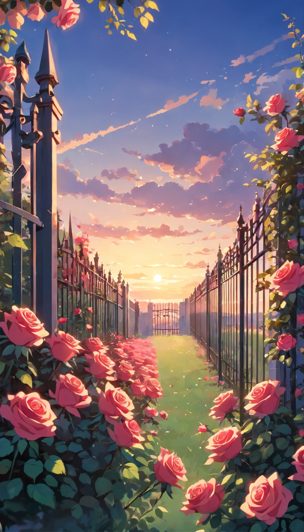 evening,field,(((The iron fence is covered with roses))),close up(((A lot of roses)))high detail, high quality, Super details, ultra high definition, masterpiece, precise, best quality, 16K