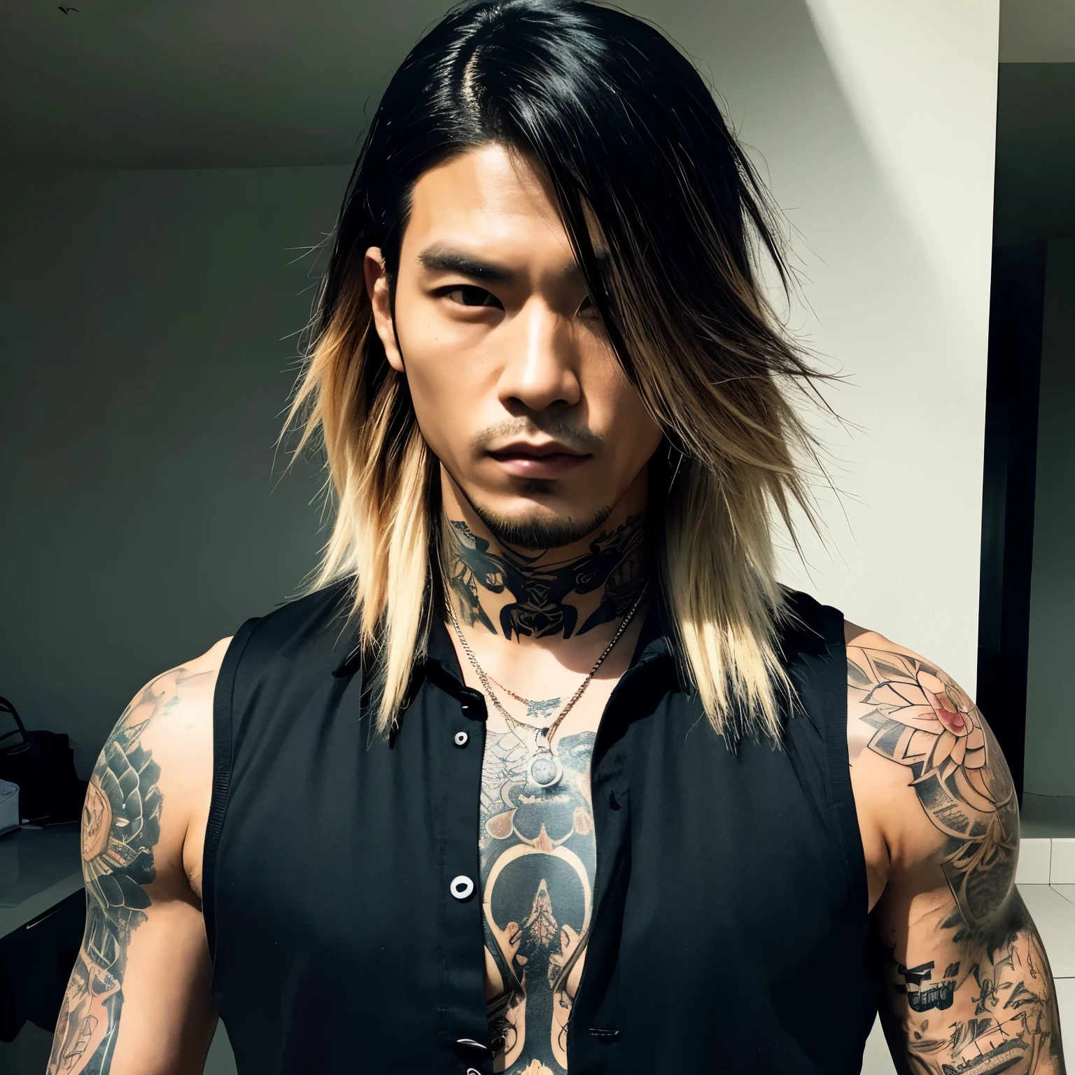 1 man, Japanese man, male, Asian eyes, muscular, broad shoulders, yakuza tattoos, hairstyle Visual Kei style, hair Visual Kei, black men's shirt and black pants, ultra detailed face, hyperrealistic, realistic representation, long hair, long hair, 30 years old, age 30 years, blond, blonde hair