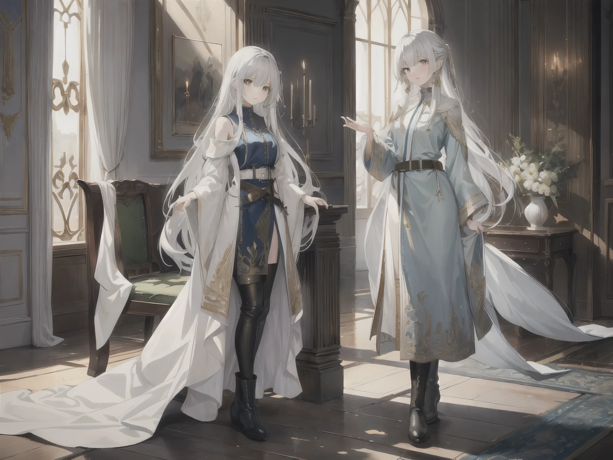 - Long silver hair - Bright eyes - Blue or green robe - High quality linen or wool fabric - Exquisite gold or silver embroidery - Loose cuffs - Leather or cloth belt - Practical leather boots