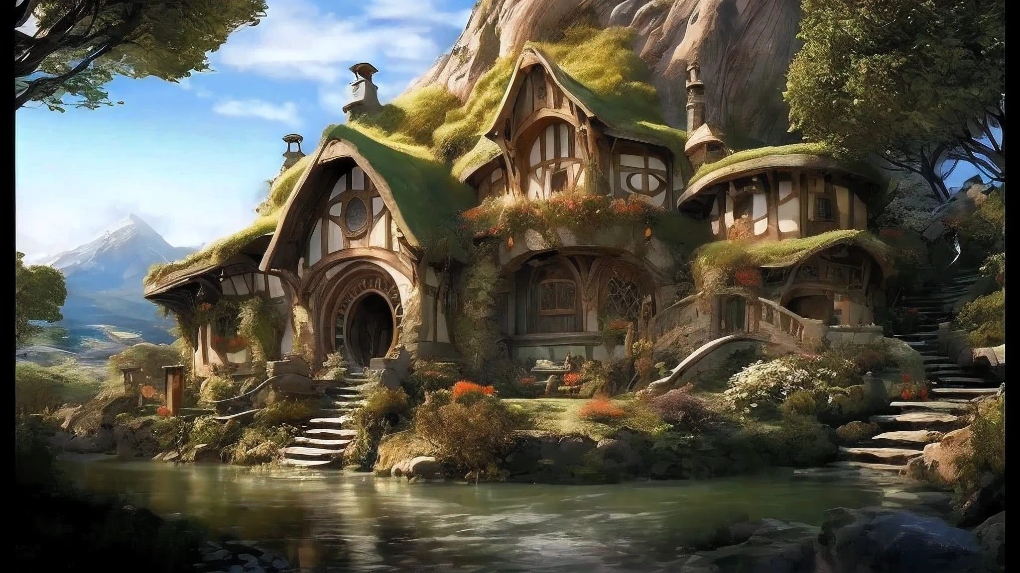 There is a house with a green roof and a pond in front of it, Elven architecture, epic Rivendell fantasy, medieval fantasy city, realistic fantasy rendering, fantasy city setting, fantasy house, Rivendell, fantasy setting, fantasy matte paint，cute, Fantasy architecture, Middle-earth Landscapes, elf city, unreal engine fantasy art