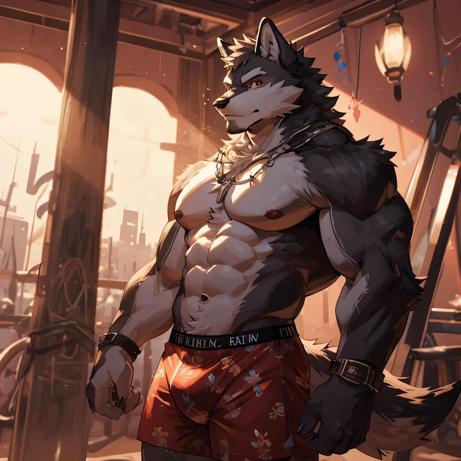 masterpiece, alone, Furry gray wolf, aldult, gray fur, brown eyes, gray short hair, very muscular body, hard muscle, veins in muscles, nice, Handsome, fiercely, topless, Popular poses,underwear boxers,Gym,delicate eyes,aldult脸