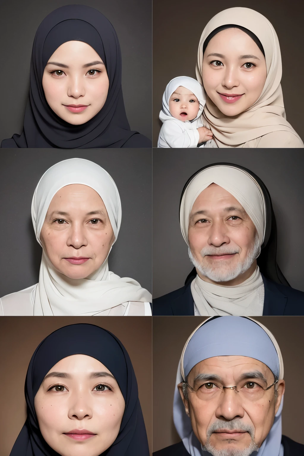 This family of 5 people took photos in a studio photo, including grandfather, grandmother wearing a hijab, father and mother wearing a hijab, the last daughter wearing a hijab. The environment is a comfortable studio photo.High resolution photos.