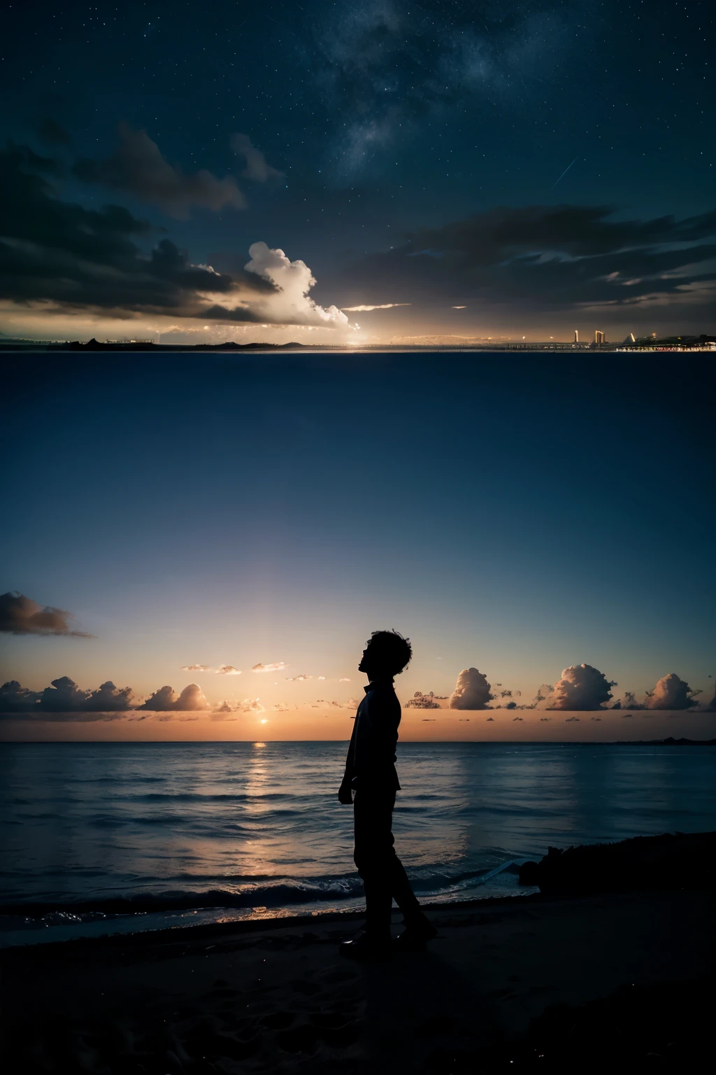 ,silhouette,1boy, star (sky), cloud, seascape, sea, outdoors, skyscraper, , night, night sky, sunset, skyline,realistic