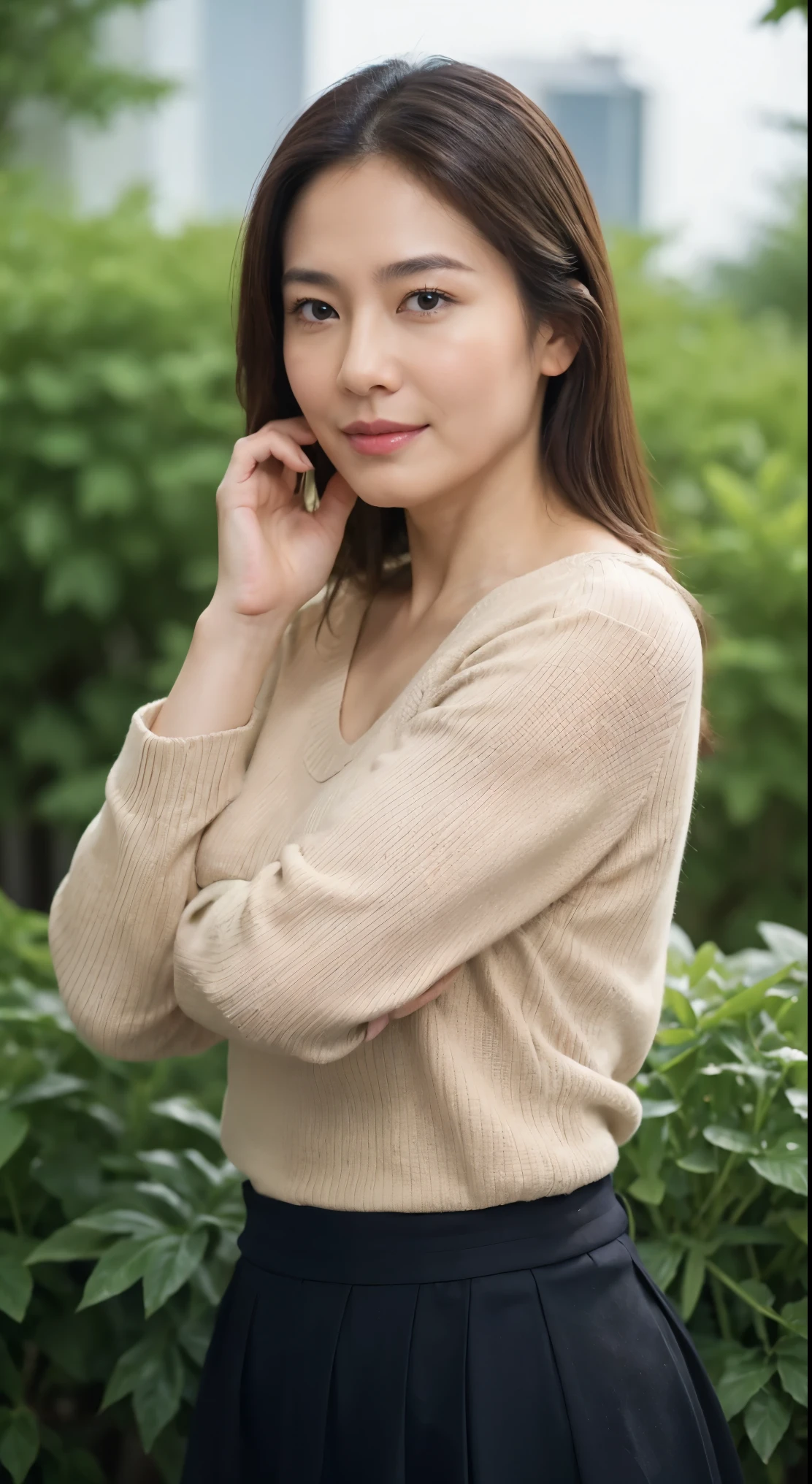 stand up straight, Aim towards the center of the screen, Shut up and think seriously(Serious), look straight in the face., Mature 50-year-old Japanese woman of average body type., On a rainy garden background, Leaving the garden out of focus on a rainy day., anatomically correct, With slightly bigger breasts and a nice body., Light brown straight hair that reaches her shoulders and a sweater, wearing a skirt, Please describe your skin texture or texture in detail.., Includes facial wrinkle details.. also, I&#39;m forgetting that I loved you in a cowboy shot style. Please take a picture of me thinking quietly....