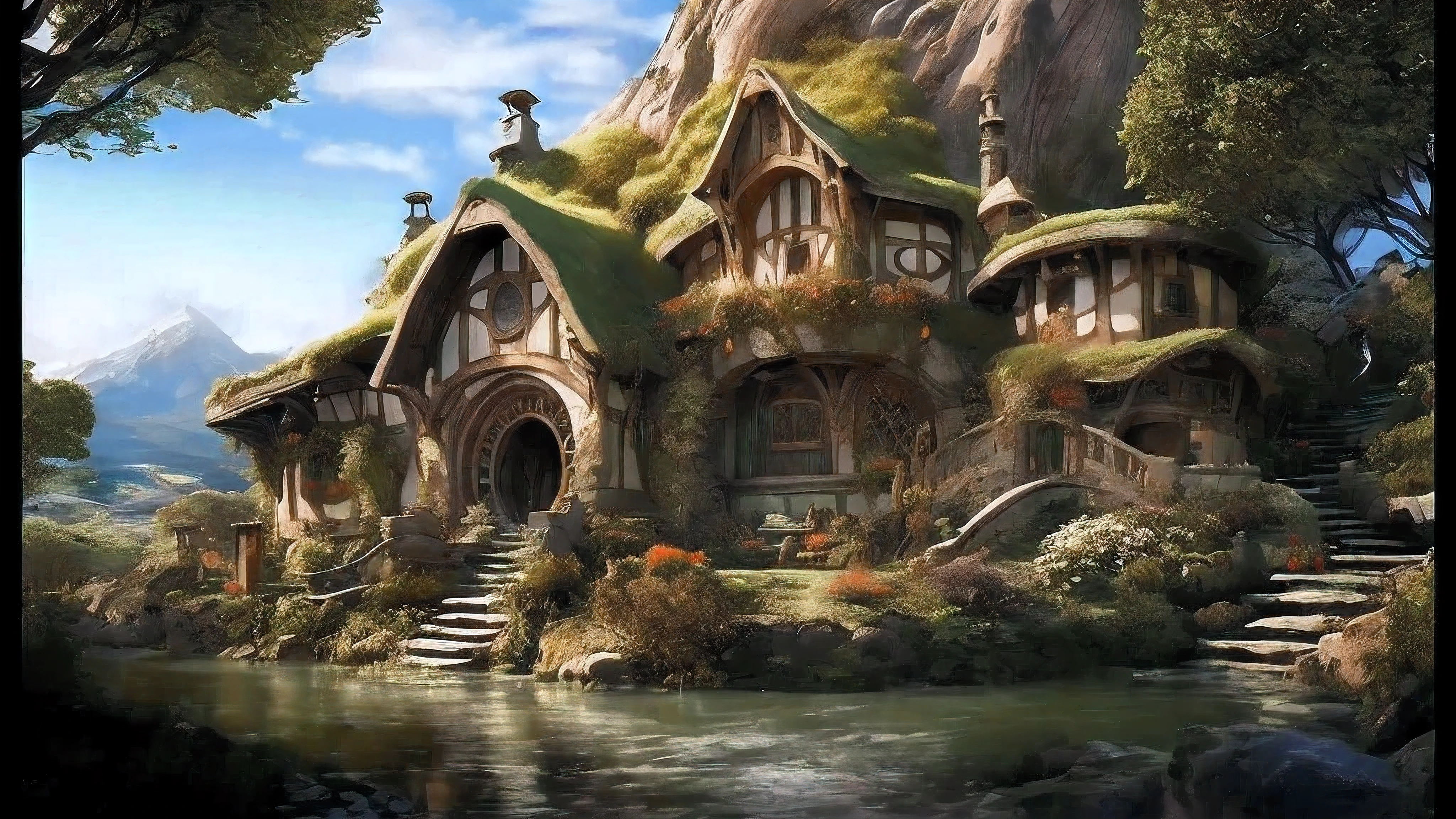 There is a house with a green roof and a pond in front of it, Elven architecture, epic Rivendell fantasy, medieval fantasy city, realistic fantasy rendering, fantasy city setting, fantasy house, Rivendell, fantasy setting, fantasy matte paint，cute, Fantasy architecture, Middle-earth Landscapes, elf city, unreal engine fantasy art