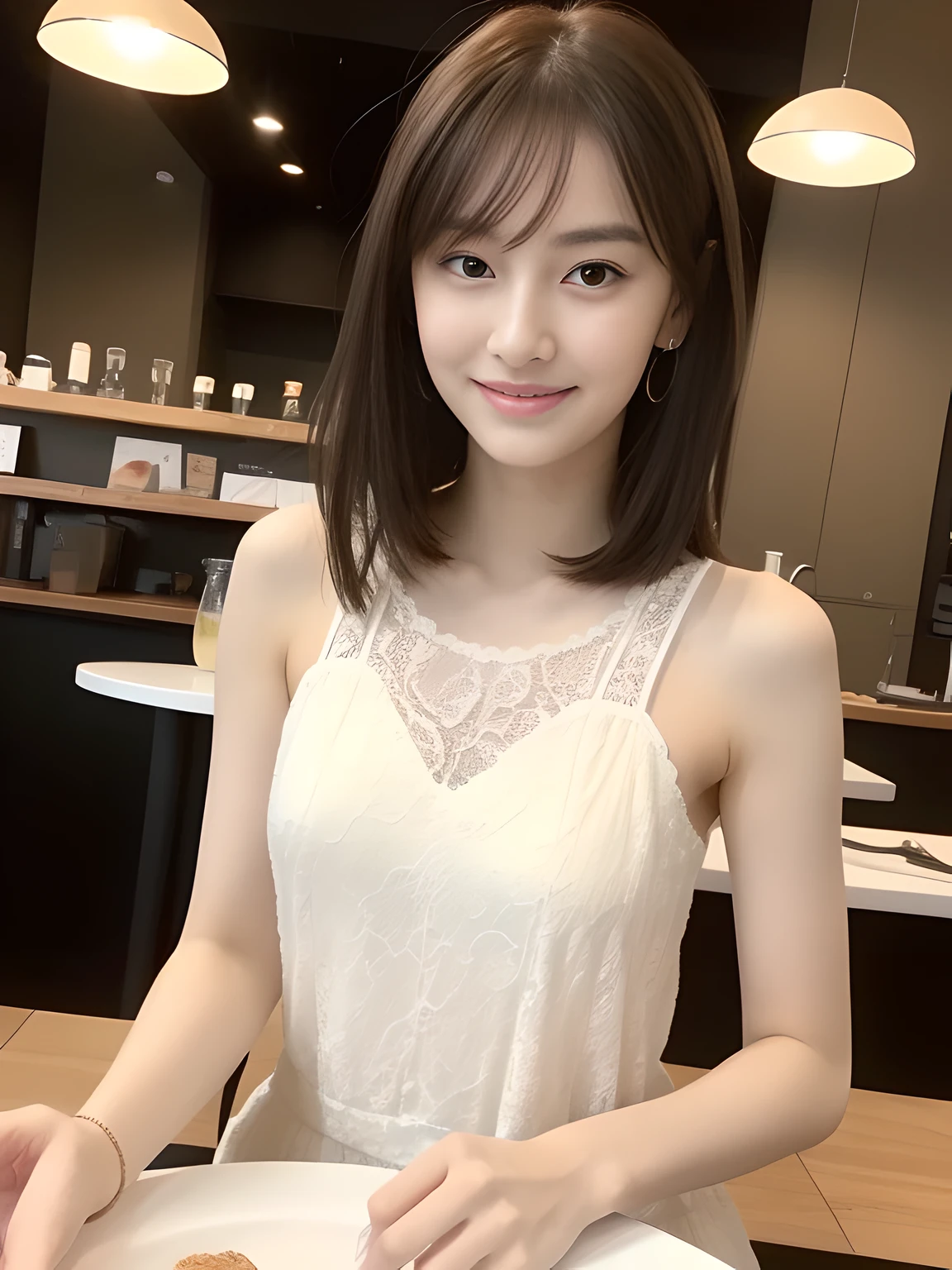 ((best quality, 8K, masterpiece: 1.3)), japanese beautiful girl, 20yo,pure, melon face, kind and cute, sweet smile, pure desire, slender body, (front), (tilted head), ((looking at camera) ), wearing a lace dress,silky hair, round black big eyes, clear big eyes, moist red lips, sweet, sitting in a cafes, Upscale European cafes background , whole body,