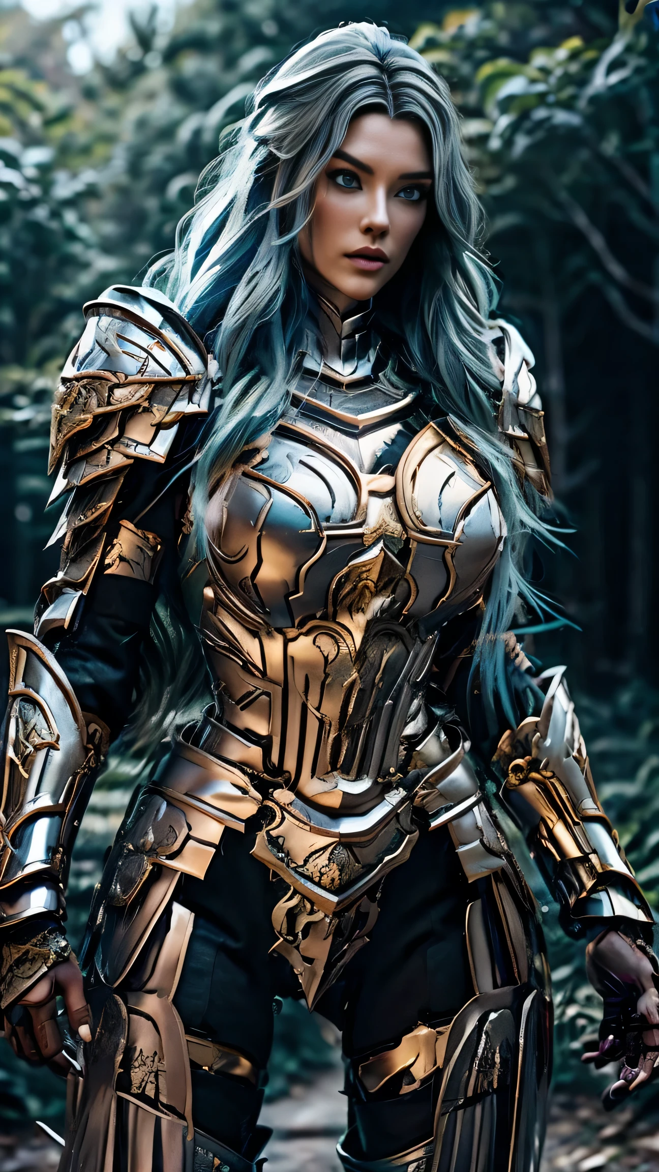 (8K, Raw photography, top-quality, masterpiece:1.2), close up,One Woman、age of 30, close up.{scinematic angle、Wide Angle、Don't split the screen、}(Realistic Skins 1.4)、(valkyrie、Valkyria)、(the Witcher armor((Western knights、Plate armor covering the whole body、Metal armour )))、(((forest background, golden hour, Asgard))、50mm Lens、30mm film、wide angles(long wavy blue hair)、Blue eyes、shinny skin、beautiful detailed hair、Beautiful delicate face、Beautiful delicate eyes、{large chest、、muscular body, curvy big 、}、long wavy blue hair , long socks, black socks, black skinny trousers, skinny leggins, big hips, muscular girl, big hips, chest covered with armor, fighting pose, fight,duel pose, buried forest background, war scene, flames, the Witcher, buried ancient city n the background, big girl