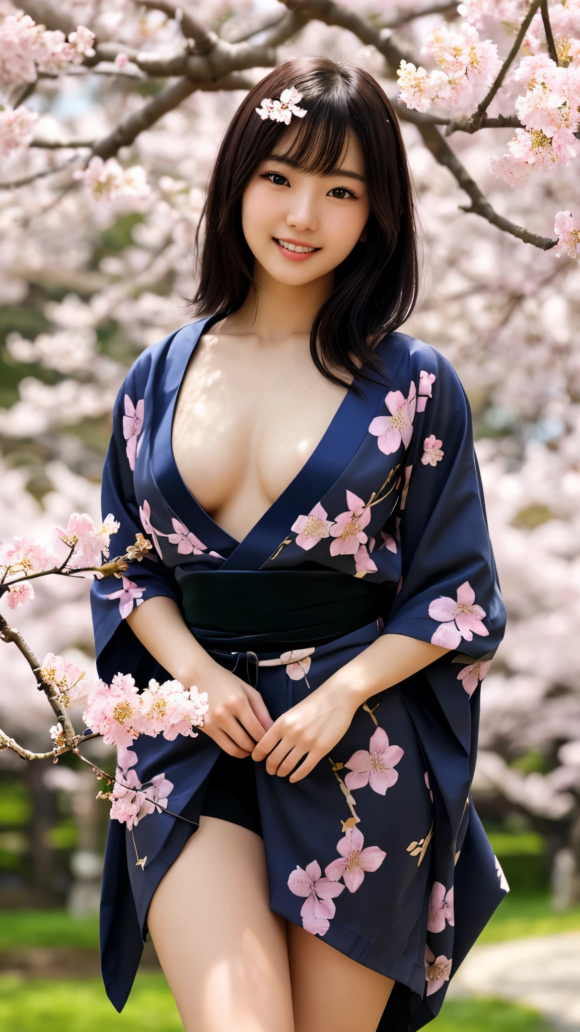 最high quality、high quality、best image quality、8K、最High resolution、High resolution、最high quality、masterpiece、Realistic human body in every detail、Realistic skin in every detail、Realistic face in every detail、Realistic eyes down to the details、Realistic lips in every detail、Realistic teeth in every detail、Realistic ears down to the last detail、Realistic hair down to the last detail、Realistic arms down to the last detail、Realistic reproduction of every detail、Realistic fingers in every detail、(fine hands、thumb1reference4)、Realistic feet in every detail、((beautiful japanese girl))、(japanese model), (japanese woman)、((18 year old beautiful girl))、(black hair)、(random hairstyle)、((whole body))、((beautiful upturned chest))、(slim style、slender style)、(whole body光沢肌、Fair skin)、soft natural light、geisha、country、Furisode、kimono、yukata、japanese traditional、Japanese garden、((Transparent see-through floral print(丈の短いkimono))、((Under the cherry blossom tree in full bloom(Pose that makes your thighs look beautiful))