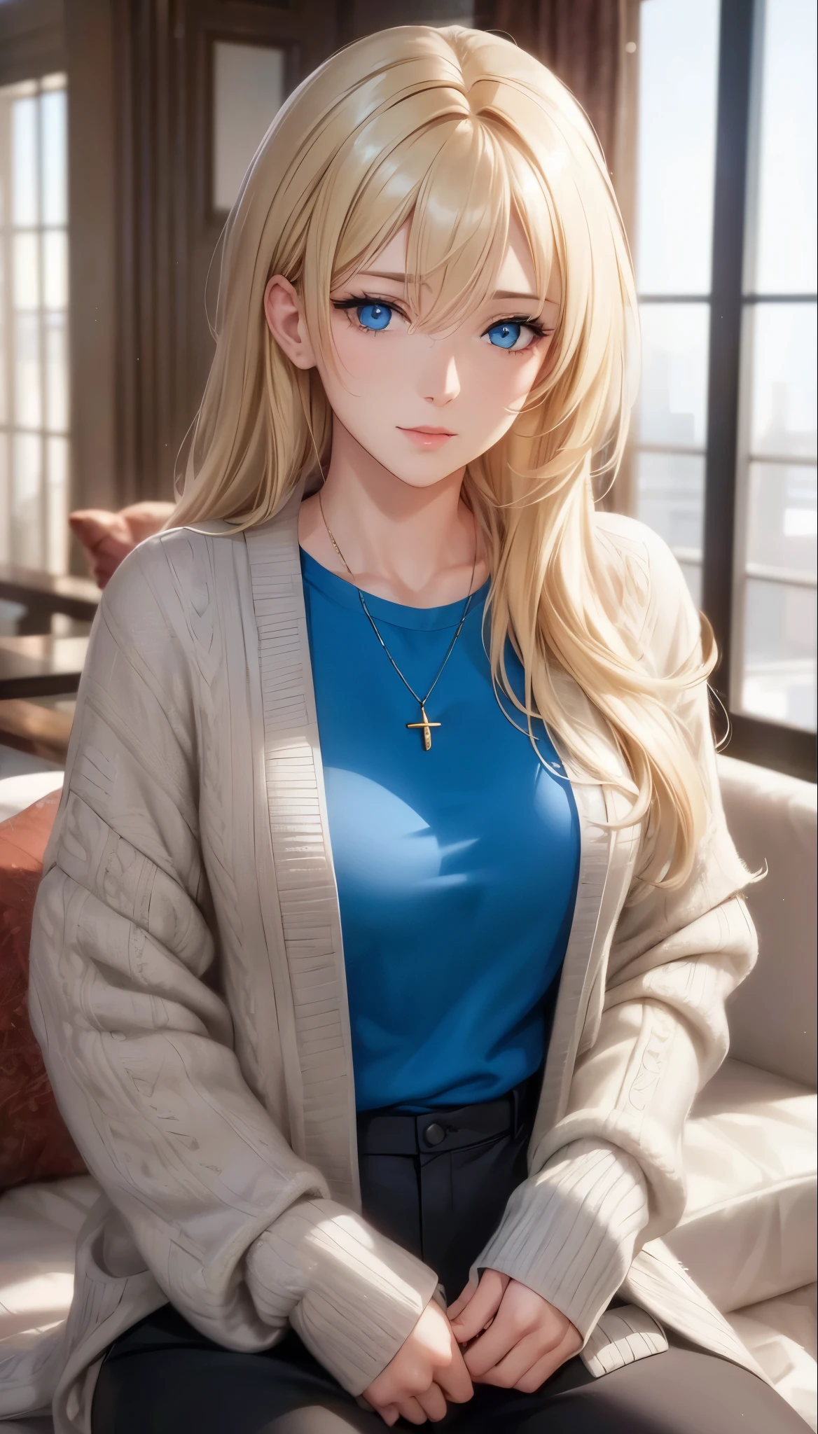 (best quality, highres), portrait, realistic, elegan woman, blue eyes, blonde hair, 8k resolution, beautiful cg, soft light