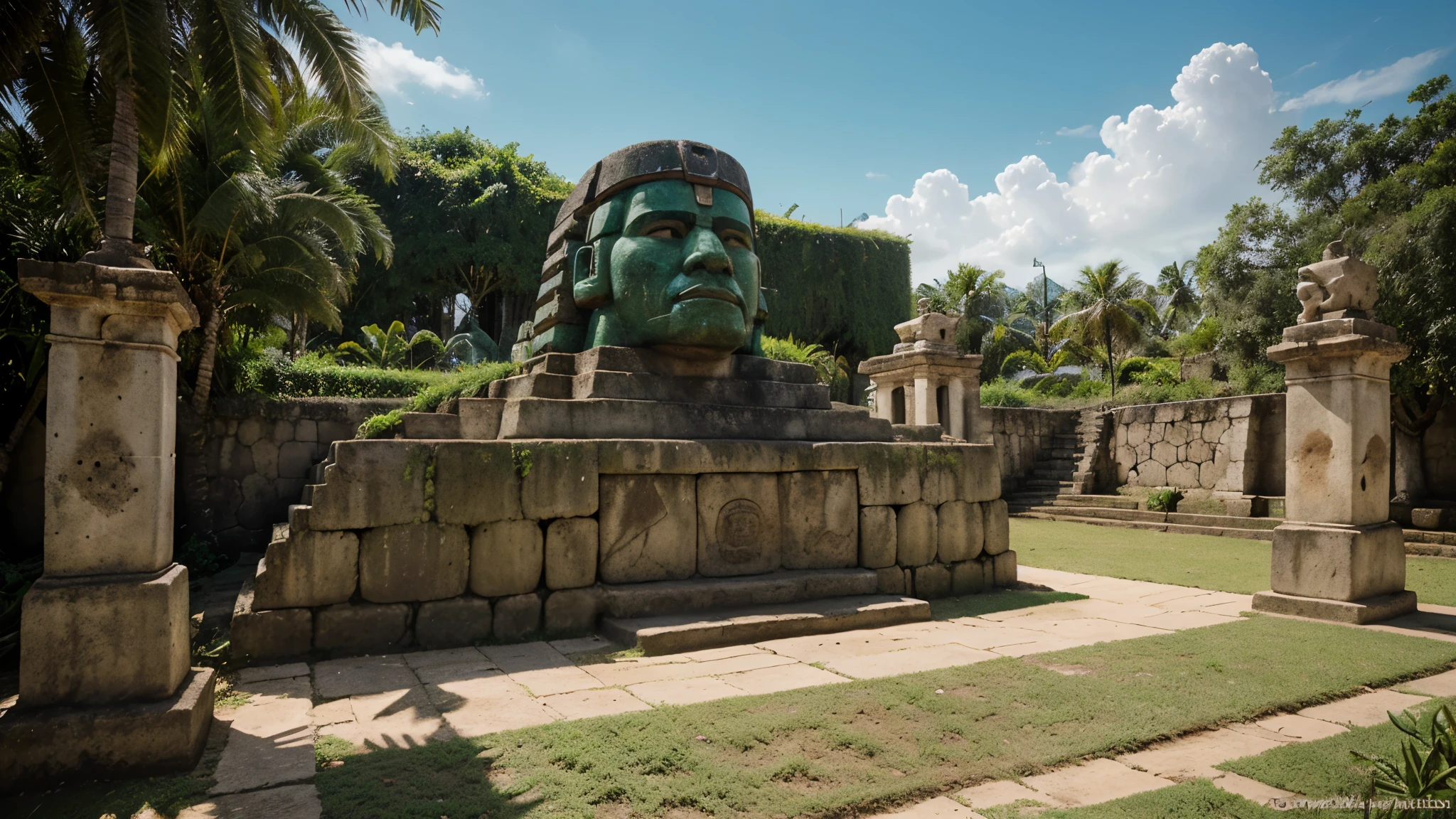 Generate a series of images depicting various aspects of Olmec civilization, including their monumental sculptures, agricultural practices, and urban landscapes.
Create a scene set in ancient Veracruz, showcasing the lush jungle environment where the Olmecs lived. Include elements such as towering trees, wildlife, and a river.
Generate a detailed depiction of an Olmec colossal head sculpture, highlighting its iconic features and symbolic motifs such as the jaguar and human heads.
Illustrate an Olmec agricultural scene, portraying farmers tending to maize fields using traditional techniques such as slash-and-burn agriculture or irrigation systems.
Render a bustling marketplace in an Olmec city, with vendors selling goods and people engaged in trade and social interaction. Include architectural elements characteristic of Olmec urban centers.
Create a ceremonial scene depicting Olmec religious rituals, with priests and shamans conducting ceremonies and worshippers paying homage to deities.
Generate a map illustrating the geographical extent of Olmec civilization, including major cities such as La Venta and San Lorenzo, as well as trade routes and cultural influences.
Render a modern-day museum exhibition showcasing Olmec artifacts and sculptures, with informative panels providing context about their significance and cultural heritage.
Generate an artistic interpretation of the decline of the Olmec civilization, depicting environmental changes, internal strife, and the eventual abandonment of cities.
Create a series of portraits depicting key figures in Olmec society, such as rulers, priests, and artisans, capturing their distinctive facial features and attire.
Illustrate the enduring legacy of the Olmecs in contemporary Mexican culture, with references to their influence on art, religion, and societal norms.