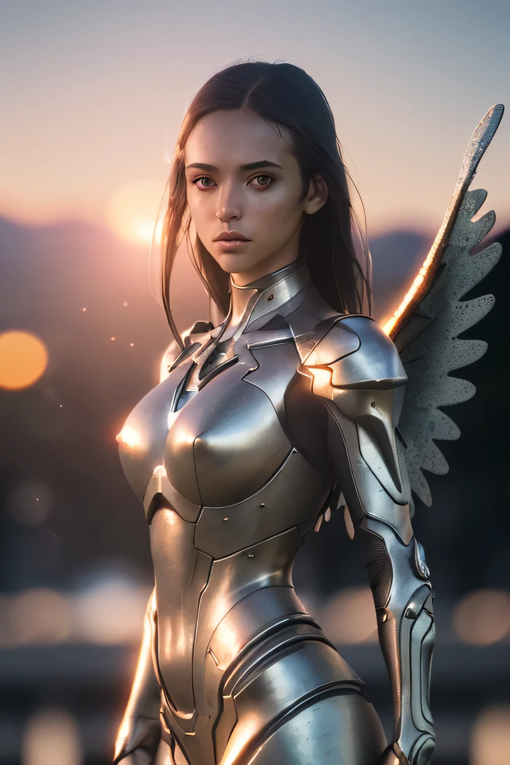 (masterpiece), (very complicated:1.3), (realistic), girl portrait, the most beautiful in the world, (metal wings), metal reflection, full body, outdoor, intense sunlight, distant sky, Stunning female professional photo details, sharp focus, dramatic, Award history, cinematic lighting, Octane Rendering Unreal Engine, volumetrics dtx, (film grain, blurred background, blurred foreground, Bokeh, Depth of the bounds written, sunset, motion blur:1.3)