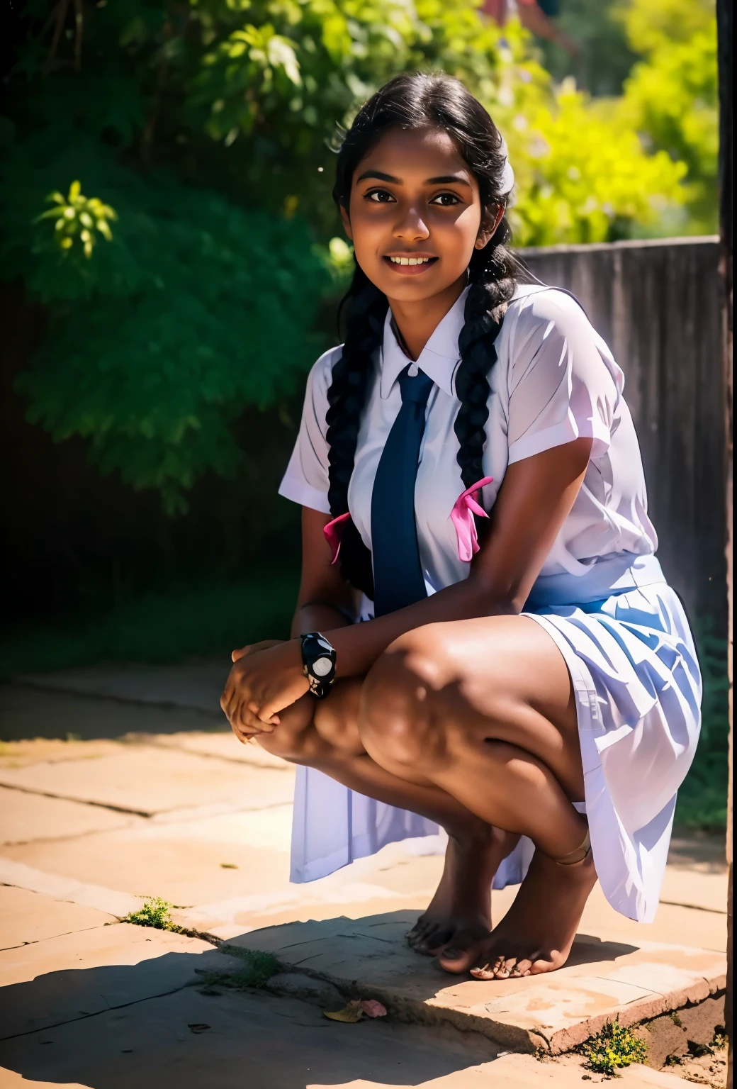The body is facing the direction of the camera. beautiful girl, Sri Lankan school girl, whole body slender, Reality, Highly detailed CG unified 8k wallpaper, High definition raw color photo, professional photos, realistic portrait, beautiful detailed girl, (beautiful large breasts:), (Crouching:1.5), ( realistic barefoot:1.5) , school girl, (best quality:1.4), super detail, high quality, muster piece, (Photo seen from below:1.2)、baby face、smile、put your hands on your knees、Super high quality、panty focus、Squat down with your heels on the ground、tanned dark skin, Sri Lankan girl, oily dirty skin, 20 years old, wearing a white frock and a colored tie. She has plaits, black braided long black hair, tanned color, natural skin, Sri Lankan girl