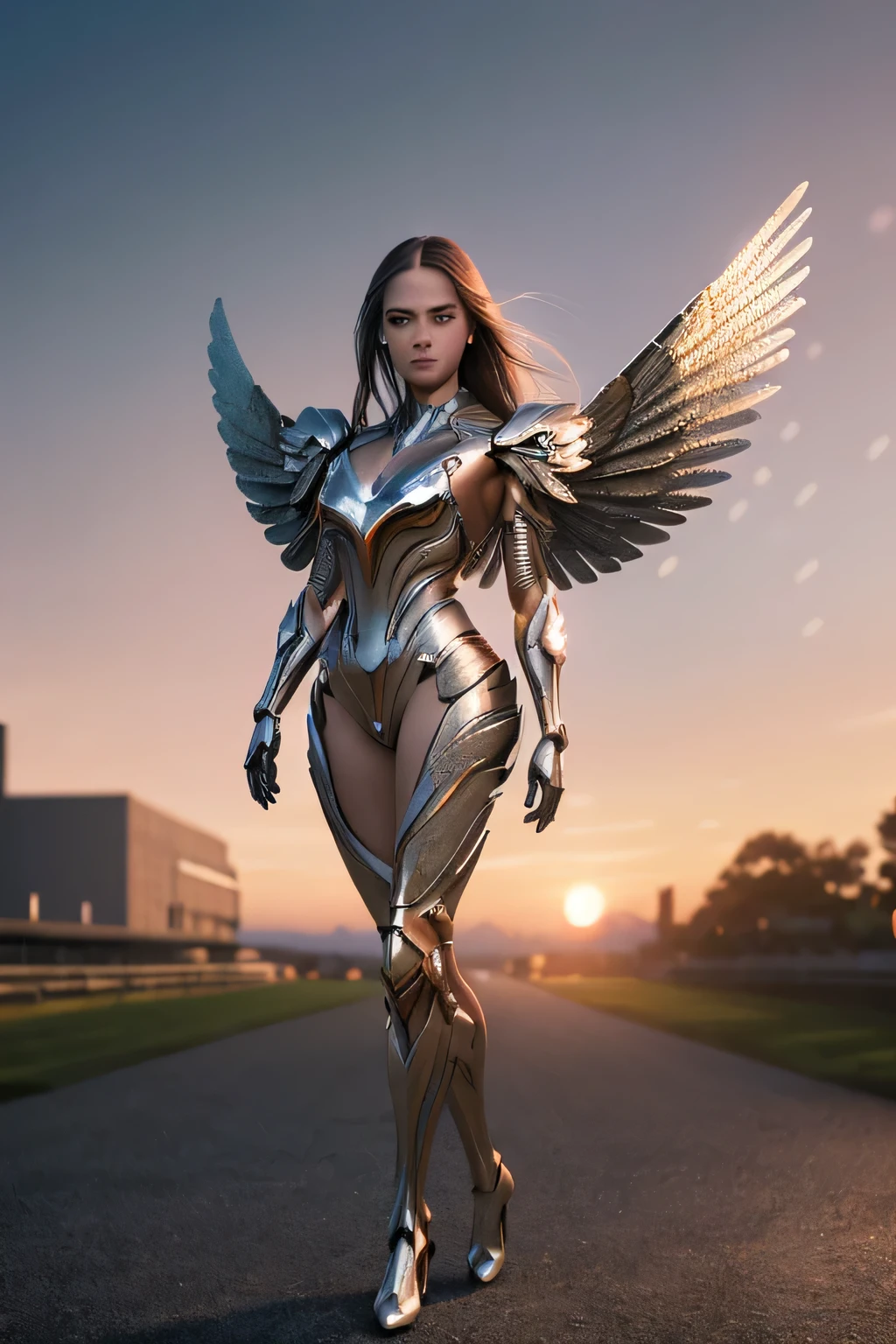(masterpiece), (very complicated:1.3), (realistic), girl portrait, the most beautiful in the world, (metal wings), metal reflection, full body, outdoor, intense sunlight, distant sky, Stunning female professional photo details, sharp focus, dramatic, Award history, cinematic lighting, Octane Rendering Unreal Engine, volumetrics dtx, (film grain, blurred background, blurred foreground, Bokeh, Depth of the bounds written, sunset, motion blur:1.3)