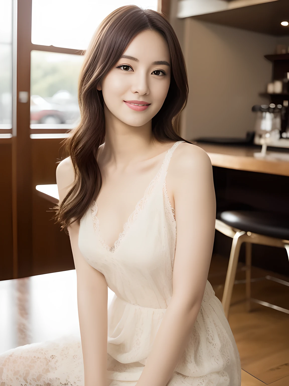 ((best quality, 8K, masterpiece, Photorealistic: 1.3)), japanese beautiful girl, 20yo,pure, melon face, kind and cute, sweet smile, pure desire, slender body, (front), (tilted head), ((looking at camera) ), wearing a lace dress,silky hair, round black big eyes, clear big eyes, moist red lips, sweet, sitting in a cafes, Upscale European cafes background , whole body,