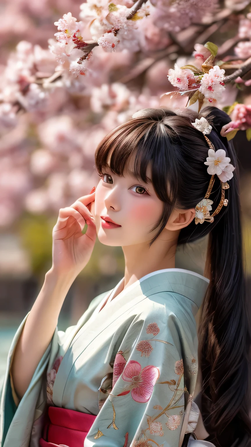 Dragon Ball　bloomers, futuristic scene, Mechanically enhanced Japanese geisha、Elegant in an elaborate garden. She has beautifully detailed eyes and lips that complement her face. Geishas wear traditional kimonos with intricate patterns and designs.。.。.。.Gold and silver kimono。.。14 year old girl.. Around her are bright cherry blossoms and a quiet carp pond. The scenes are drawn using a combination of illustration and photorealism, cherry blossoms吹雪,Highly detailed brush strokes and sharpness, bright colors. Lighting that highlights the graceful figure of a geisha, gives softness to the skin, porcelain shine。. Artwork is of the highest quality, Displaying the exquisite details of geisha costumes, cherry blossoms, With sparkling carp scales. The overall color scheme is、、、、、、traditional Japanese color combinations, crimson, wait., With subtle gold accents, with a futuristic twist. Fusion of ancient tradition and modern technology、、Create mesmerizing and visually impressive masterpieces.The background is a traditional Japanese design in bright red and white.、random pose、I&#39;laughter、Kimono with delicate pattern、stop pose、red nail polish
