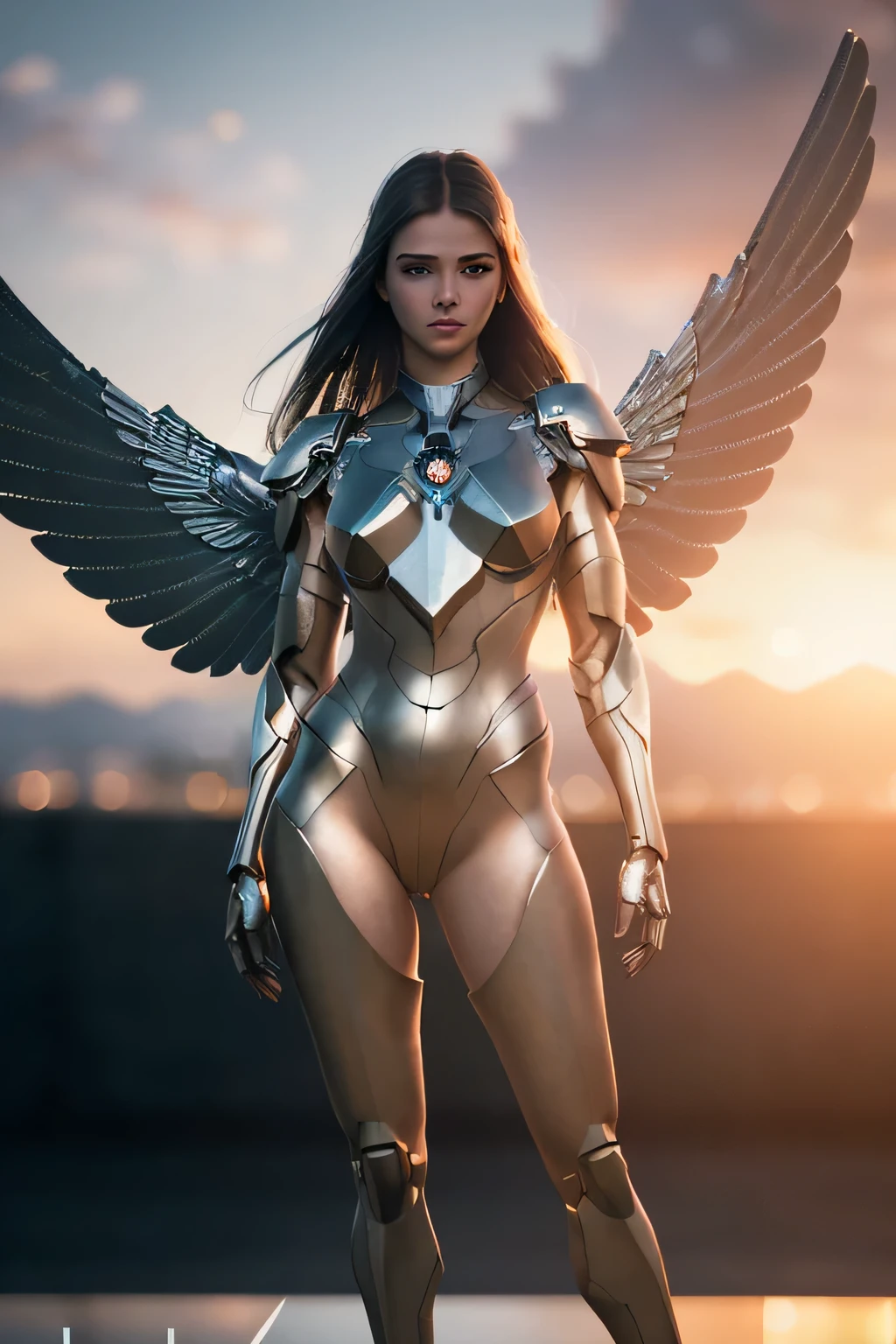 (masterpiece), (very complicated:1.3), (realistic), girl portrait, the most beautiful in the world, (metal wings), metal reflection, full body, outdoor, intense sunlight, distant sky, Stunning female professional photo details, sharp focus, dramatic, Award history, cinematic lighting, Octane Rendering Unreal Engine, volumetrics dtx, (film grain, blurred background, blurred foreground, Bokeh, Depth of the bounds written, sunset, motion blur:1.3)