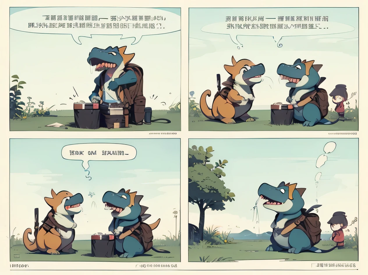 carighttoon of a dinosauright with a backpack and a dinosauright with a backpack, healthy, loss comics, [ forightgetful ], dinosauright, right/Wow, Hungry Ghost Festival, dinosaurights, by Xia Gui, healthy digital arightt, by Yan Hui, Wang Chen, frightom china, “the dinosauright marightket, 🚿🗝📝, scientifically accurightate，Four-panel English comic，black and white