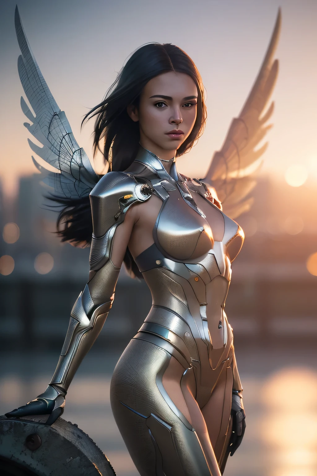 (masterpiece), (very complicated:1.3), (realistic), girl portrait, the most beautiful in the world, (metal wings), metal reflection, full body, outdoor, intense sunlight, distant city, Stunning female professional photo details, sharp focus, dramatic, Award history, cinematic lighting, Octane Rendering Unreal Engine, volumetrics dtx, (film grain, blurred background, blurred foreground, Bokeh, Depth of the bounds written, sunset, motion blur:1.3)