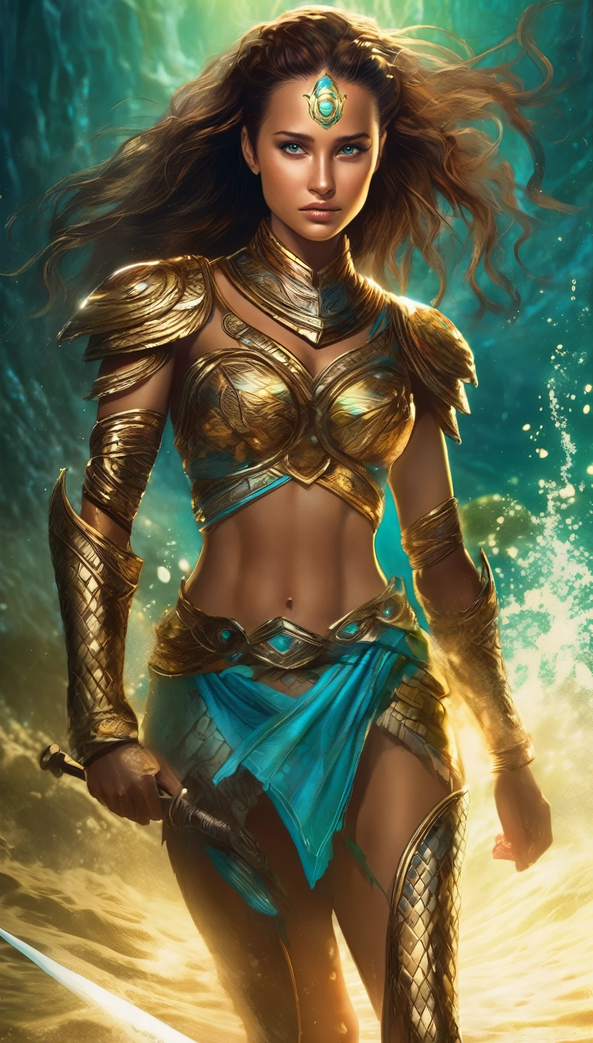 (Emily Rudd:Alicia Vikander) A close up of an supernaturally beautiful and enchanting Atlantean Barbarian War Goddess with a legendary magical spear and angrily shouting in fury. She is skinny dipping in shallow waves in a dark underground sea cave lit only with oceanic bioluminescence that washes over her perfect, irresistible body. Glowing magical golden minimalistic anime-style female battle armor. Her tan skin shimmers with scales. She is athletic, slender, fit, toned, lean, and very muscular with a thin waist and slim hips. She has deeply tanned skin and flowing, lustrous hair. Her large, vibrant, glowing turquoise Asian eyes lock intensely onto the viewer with a predatory, otherworldly allure. She has intricate aquatic-inspired tattoos across her body. Her face has painted designs. Swirling deep shadows.