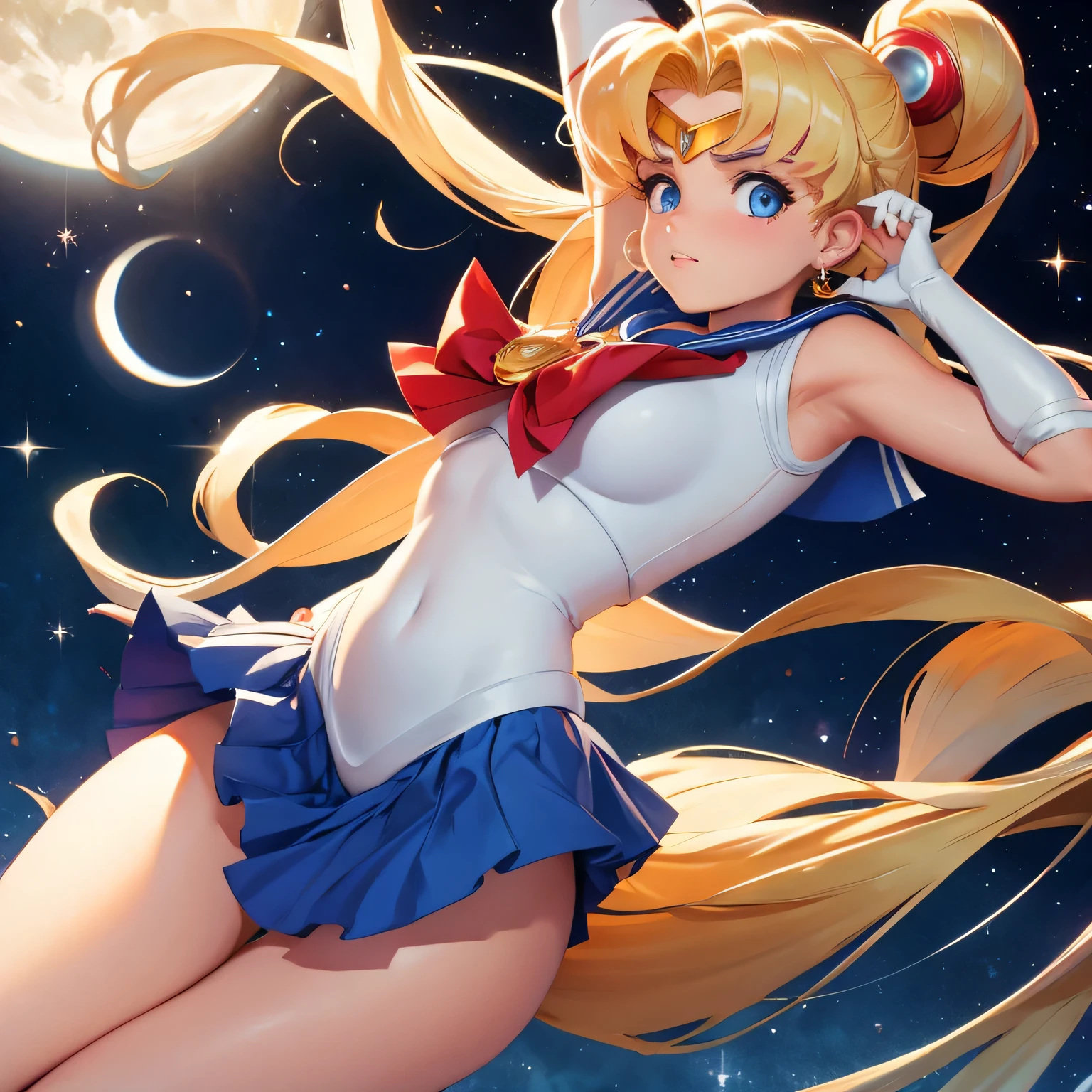 Super Sailor Moon, (masterpiece), blonde hair, blue eyes, expressive eyes, beautiful woman, long hair, white panties, round buttocks, on her back, full moon in the background