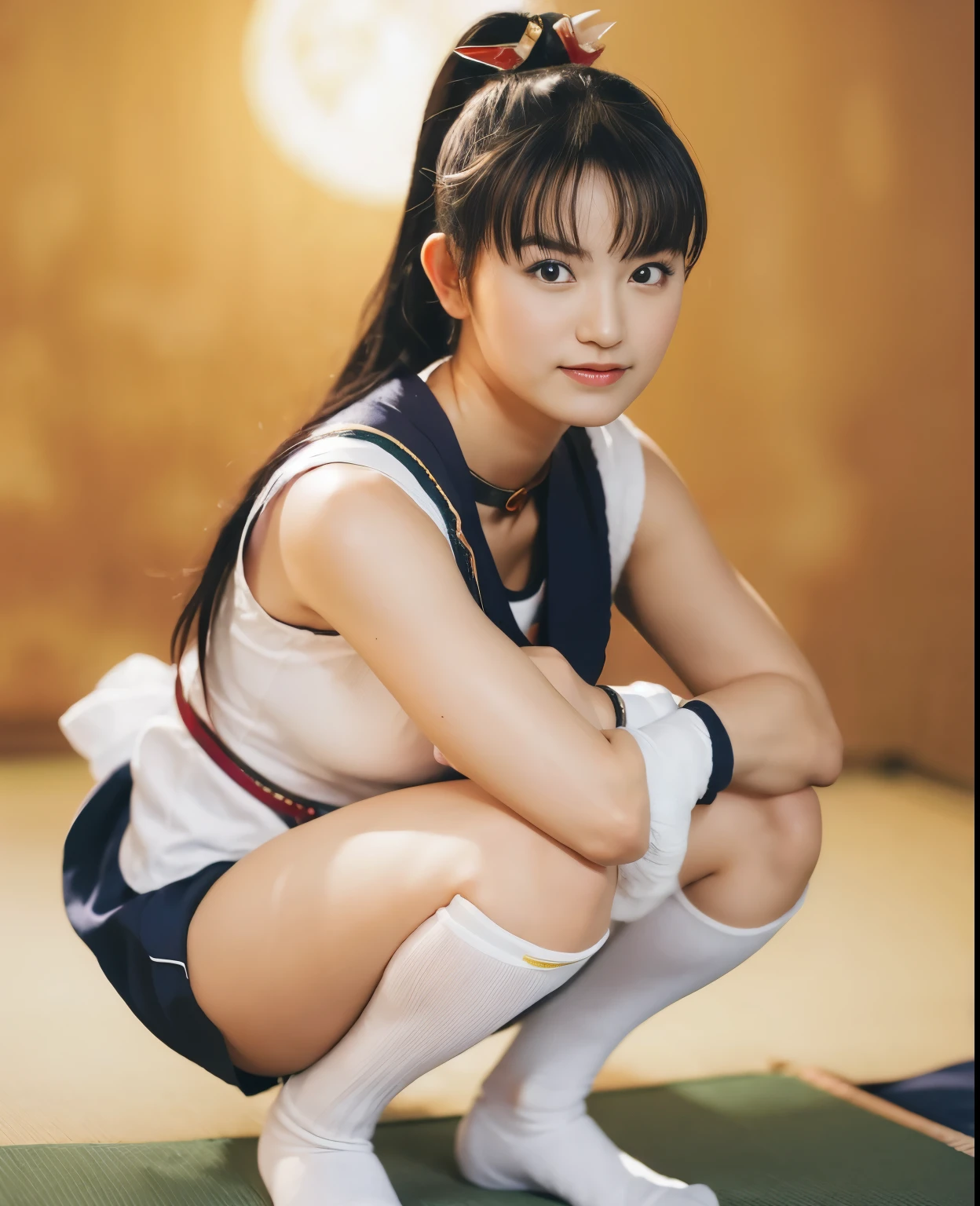 (highest quality:1.2),(perfect beautiful face:1.2),(perfect and beautiful posture:1.2),(japanese woman:1.1),ponytail, Big Full Moon Night, smile, Ultra-high precision photos,clear eyes, ((tsukino usagi:1.1), No sleeve, knee high socks), squat posture