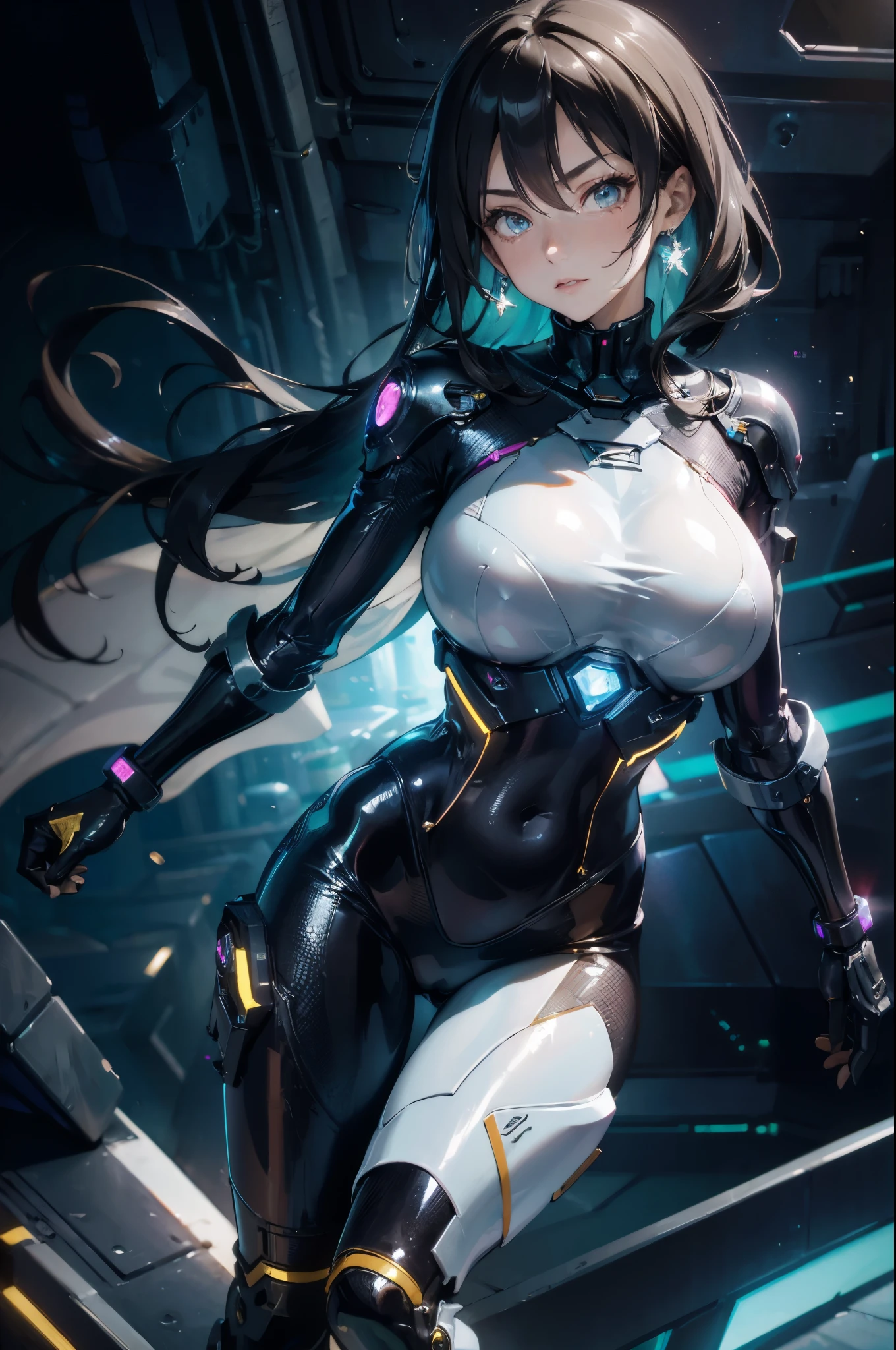 milf, Woman in futuristic suit, The facial details are very rich, cool, Mother, tomboy, very big breasts, (milf), Mature face, (adult), combat uniform, Internet litigation, Anime girls wear tights, hybridization, elegant figure, navel focus, Naked body, Gloves, earrings, Leg armor, Science fiction, heroine, permanent, Volumetric light, detailed lighting, Detailed texture, Oppei Cyberpunk, Biomechanics OPPEIN, masterpiece, The best eyes, science fiction background, futuristic landscape,((huge breasts)),Grooves reveal original skin