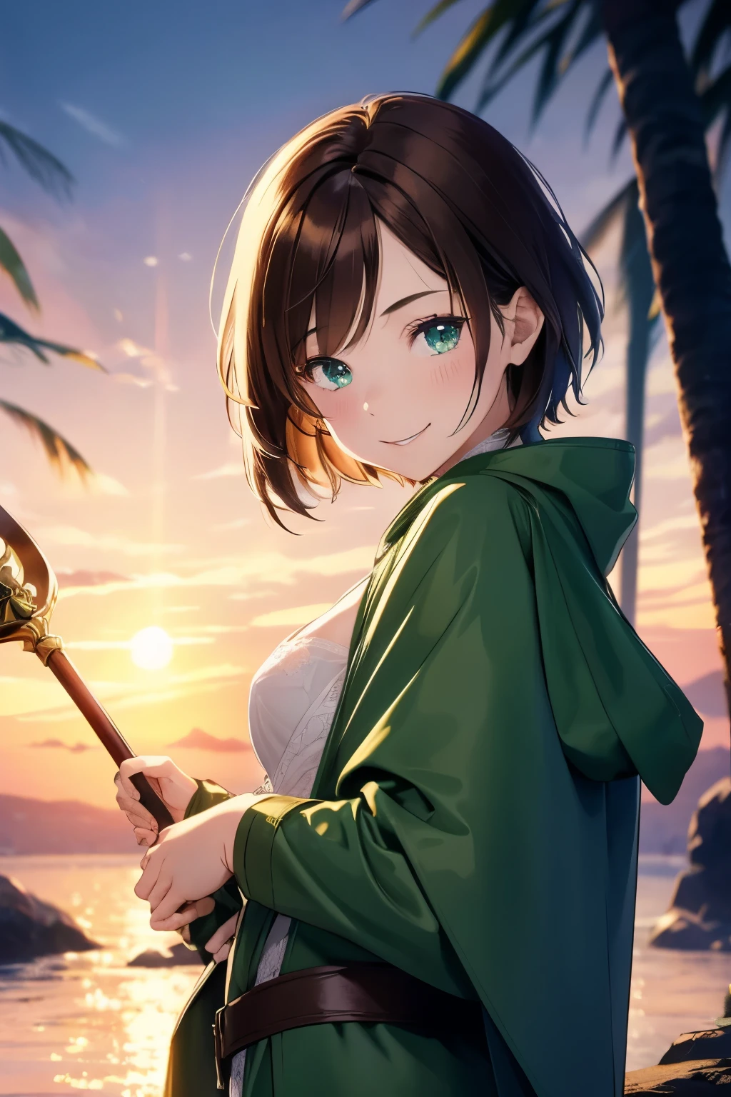 teenage girl, female, human, brown hair, short hair, green eyes, mischievous smile, holding a staff, wearing a cape, blue robe, sunset, forest