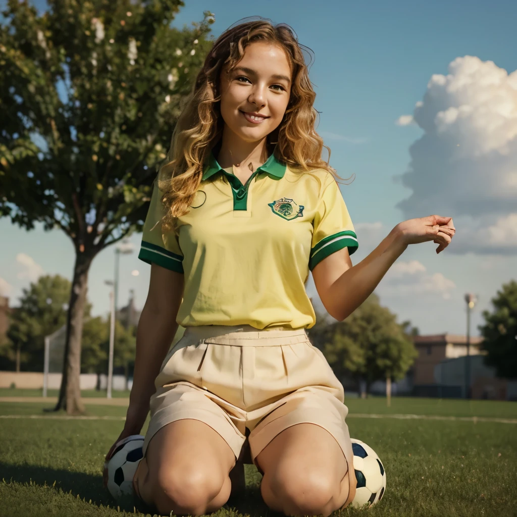 (golden retriever:1.1,anthropomorphic:1.1,-yeld cr-colored:1.1,slim, school uniform:1.1,164cm tall:1.1),medium:3D rendering,ultra-detailed,realistic:1.37,(best quality,4k,8k,highres,masterpiece:1.2),vivid colors,professional,sharp focus,happy expression,curly hair,playing with a soccer ball,green grass background,warm sunlight