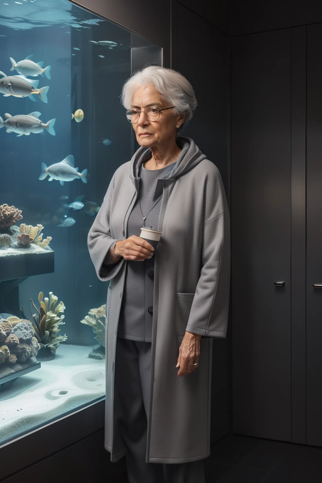 Sowell Bay, Washington, 2023. An old ((((70-year-old)) Tova Sullivan)), scandinavian, at the acuarium, night cleaner,  ((((clothings from the 2020s)))), ((grey hairstyle of the 2020s))