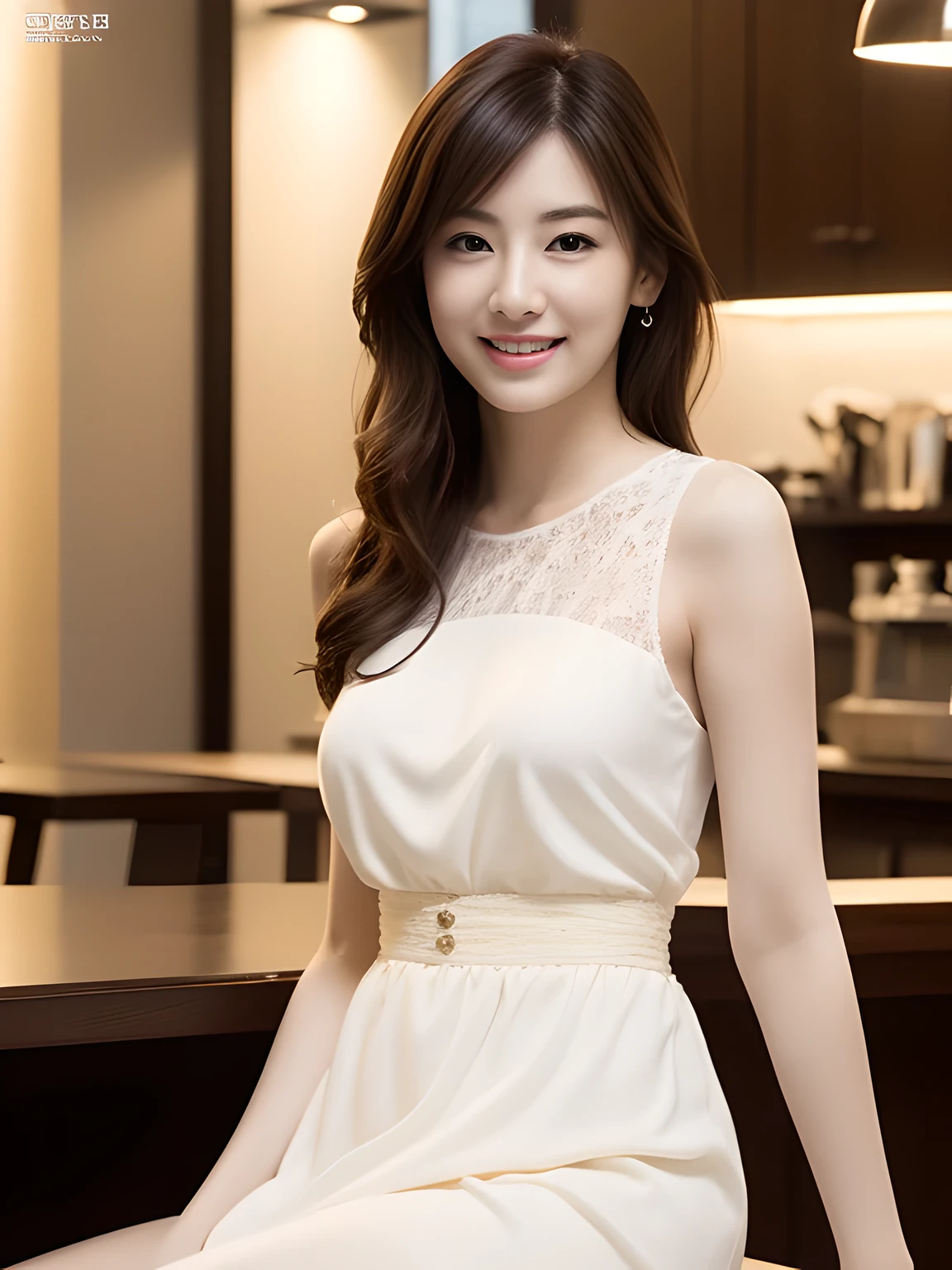 ((best quality, 8K, masterpiece, Photorealistic: 1.3)), japanese beautiful girl, 20yo,pure, melon face, kind and cute, sweet smile, pure desire, slender body, (front), (tilted head), ((looking at camera) ), wearing a lace dress,silky hair, round black big eyes, clear big eyes, moist red lips, sweet, sitting in a cafes, Upscale European cafes background , whole body,
