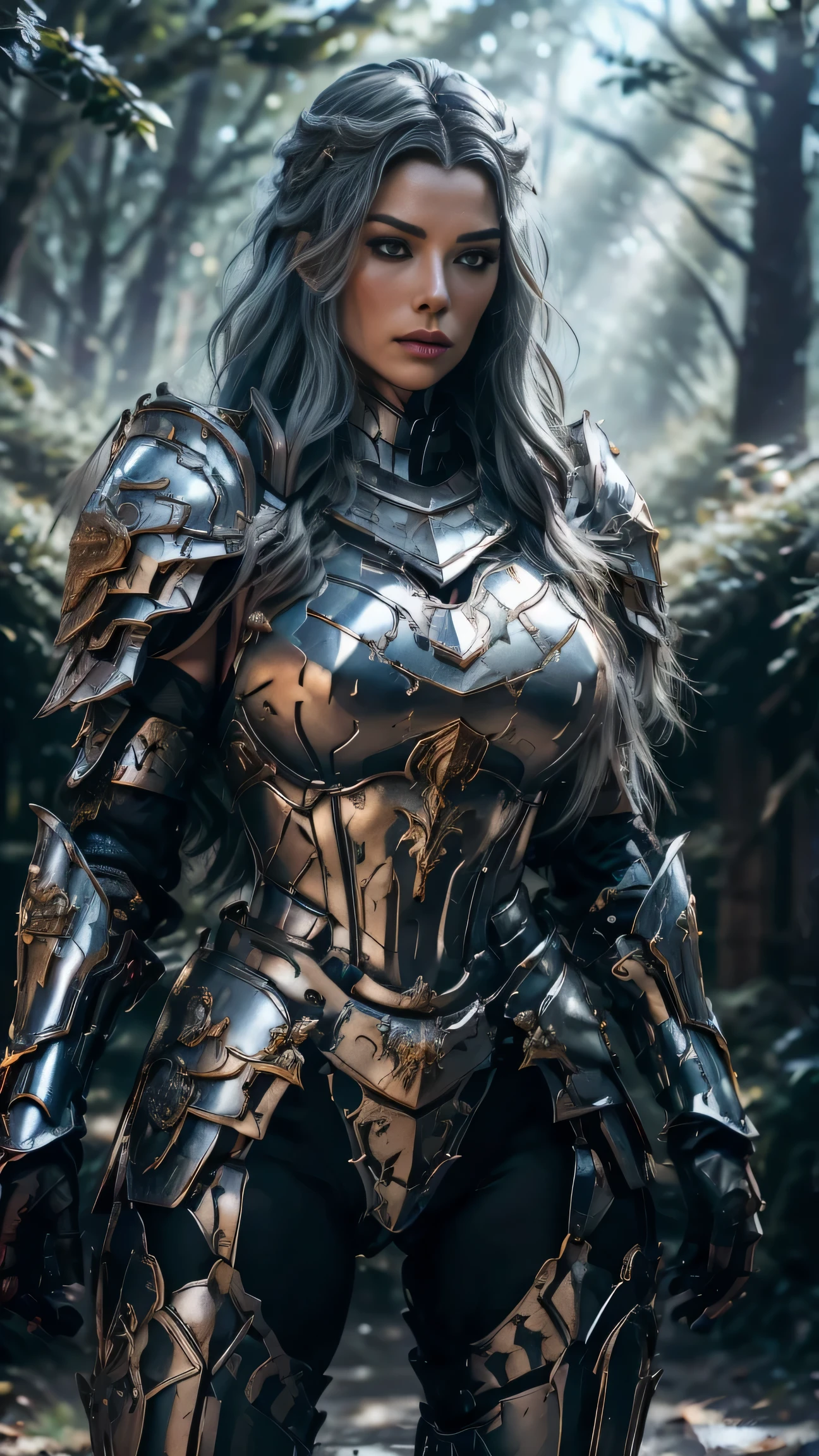 (8K, Raw photography, top-quality, masterpiece:1.2), close up,One Woman、age of 30.{scinematic angle、Wide Angle、Don't split the screen、}(Realistic Skins 1.4)、(valkyrie、Valkyria)、(the Witcher armor((Western knights、Plate armor covering the whole body、Metal armour )))、(((forest background, golden hour, Asgard))、50mm Lens、30mm film、wide angles(long wavy blue hair)、Blue eyes、shinny skin、beautiful detailed hair、Beautiful delicate face、Beautiful delicate eyes、{large chest、、muscular body, curvy big 、}、long wavy blue hair , long socks, black socks, black skinny trousers, skinny leggins, big hips, muscular girl, big hips, chest covered with armor, fighting pose, fight,duel pose, buried forest background, war scene, flames, the Witcher, buried ancient city n the background, big girl