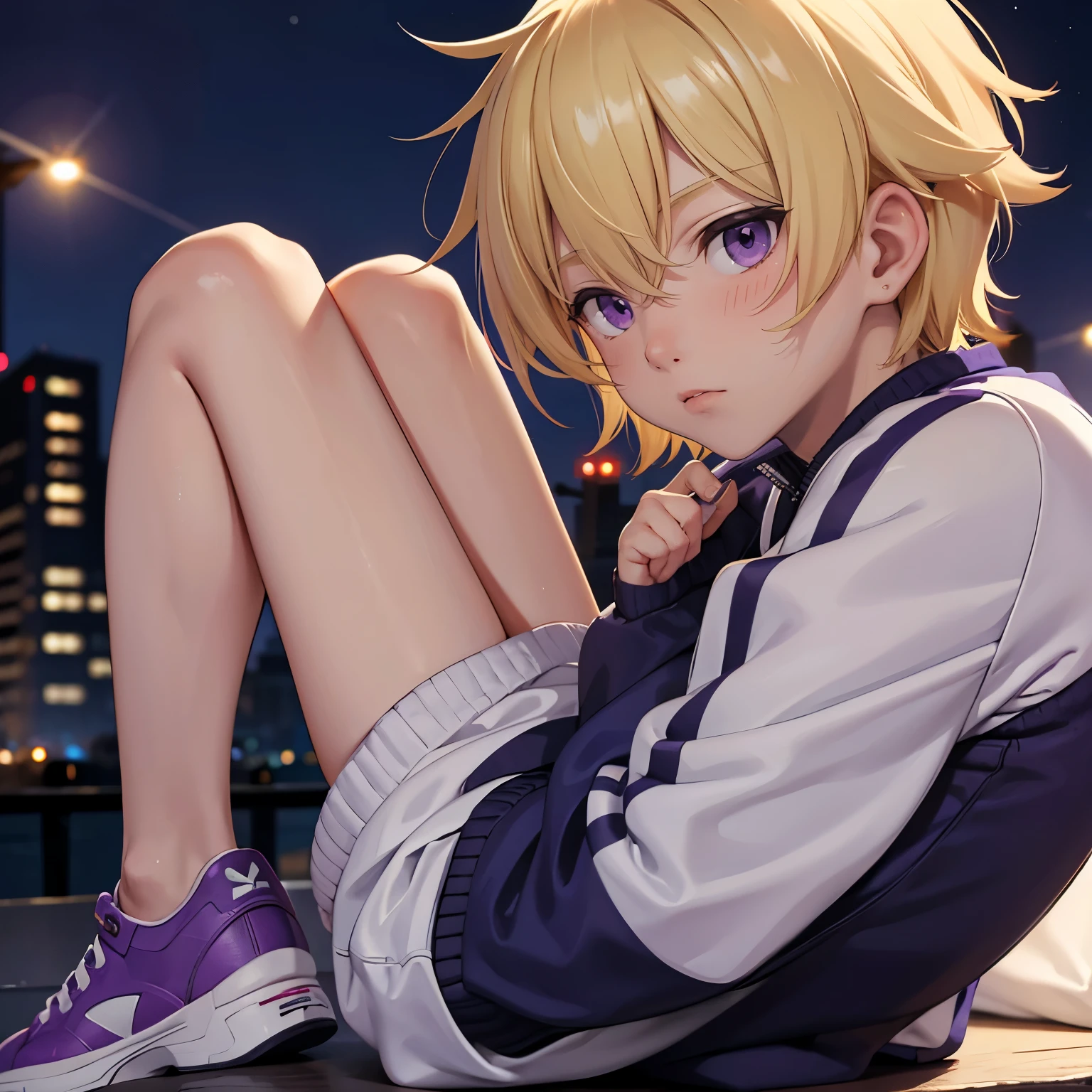 Blonde hair, short hair, male, boy, guy, tracksuit, shoes, night, mixed skin, light skin, closeup, portrait , purple eyes 